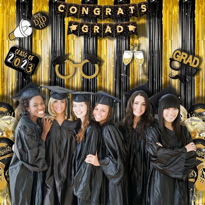 BRAVESHINE 3.2 x 8.2 ft Black Gold Foil Fringe Curtains - 2 Pack Metallic Photo Booth Streamers Backdrop for Boy Men Birthdays/New Years/Graduates/Homecoming/Farewell/Prom/Ramarak Party Decorations