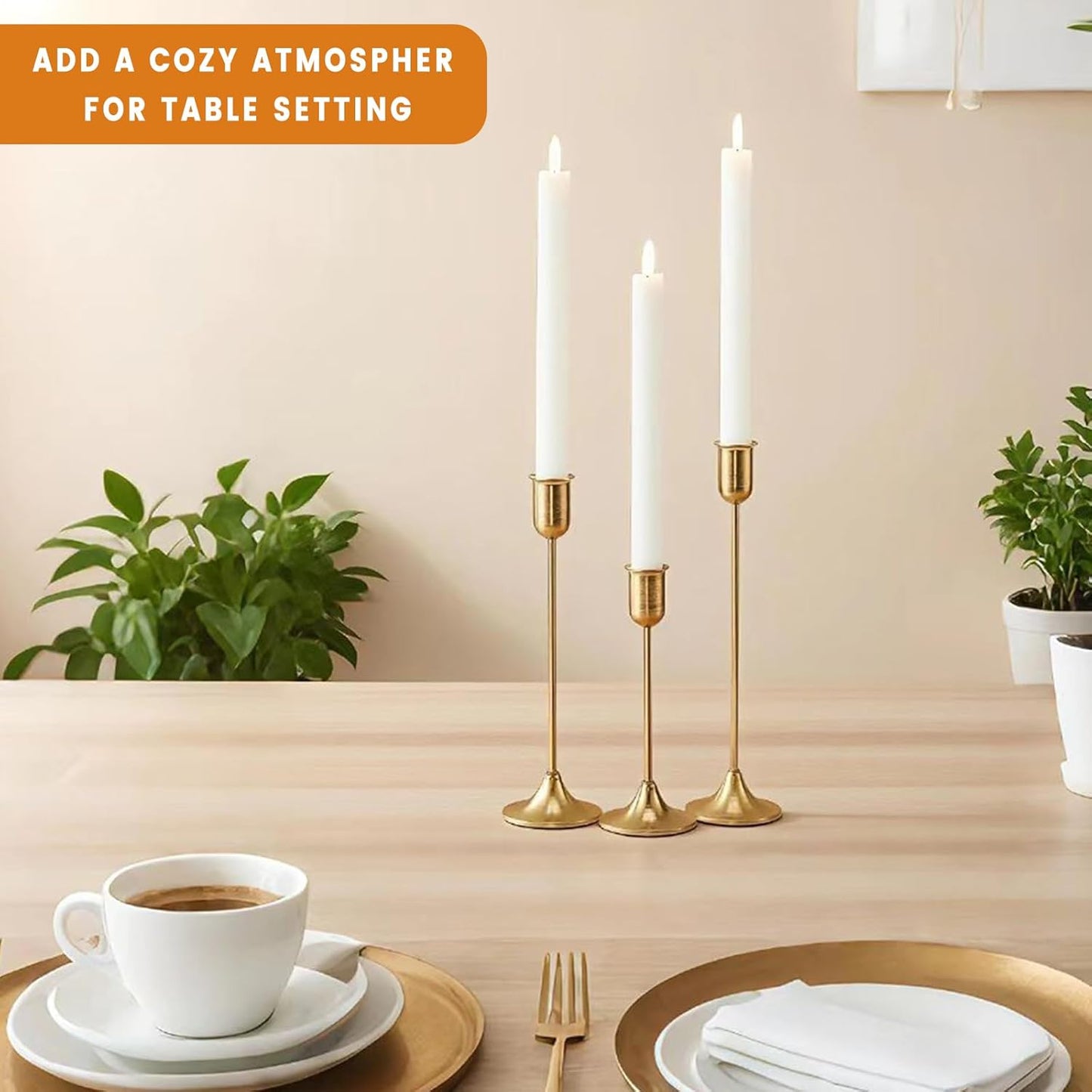 Brass Gold Candle Holder - 3 PCS Taper Candlestick Holders - Vintage Candle Stick Holders - Modern Home Decor Centerpiece - Cozy Atmosphere Gift for Home Decor, Wedding, Housewarming Gift