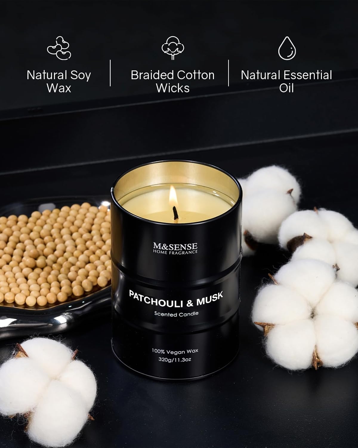 M&SENSE Patchouli Musk Scented Candle,Gifts for Men,70 Hours Slow Burning Natural Soy Candles11.3 oz