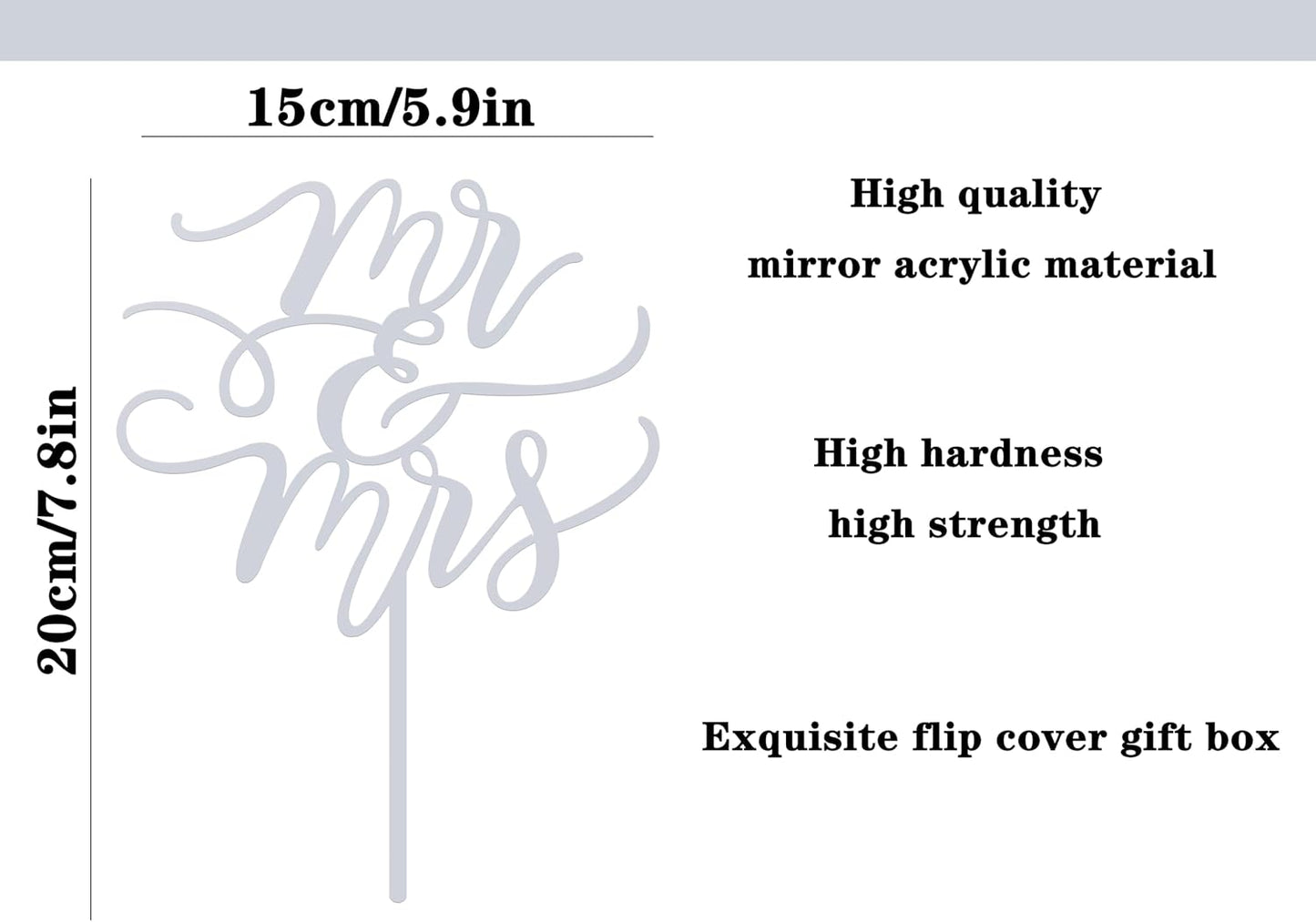 Mr and Mrs Cake Topper - Glitter Silver Acrylic Wedding Cake Decorations, Bride and Groom Cake Pick (Silver)