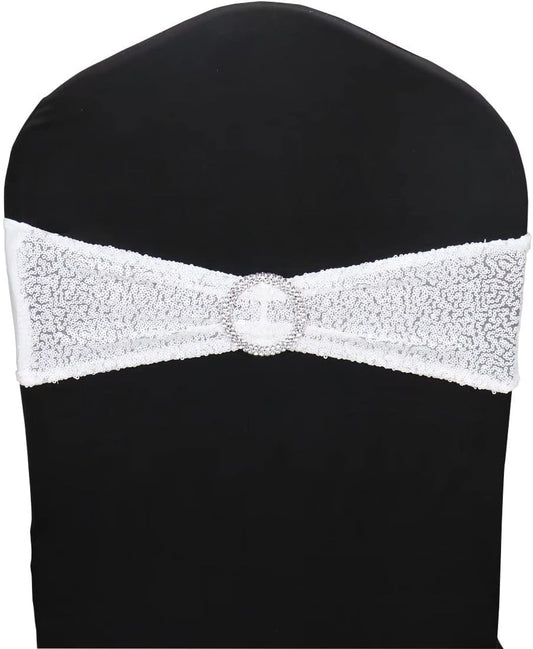 Sequin Chair Sashes Stretch Chair Bands Spandex Polyester Bows for Party Hotel Wedding Banquets Decoration - 6 Pcs White