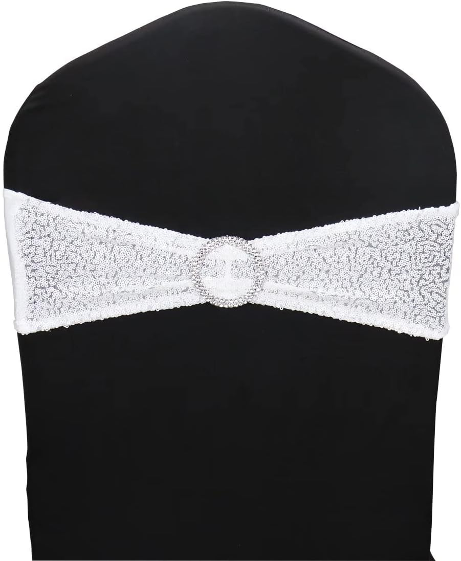 25 Pcs Sequin Chair Sashes Stretch Chair Bands Spandex Polyester Bows for Party Hotel Wedding Banquets Decoration - White