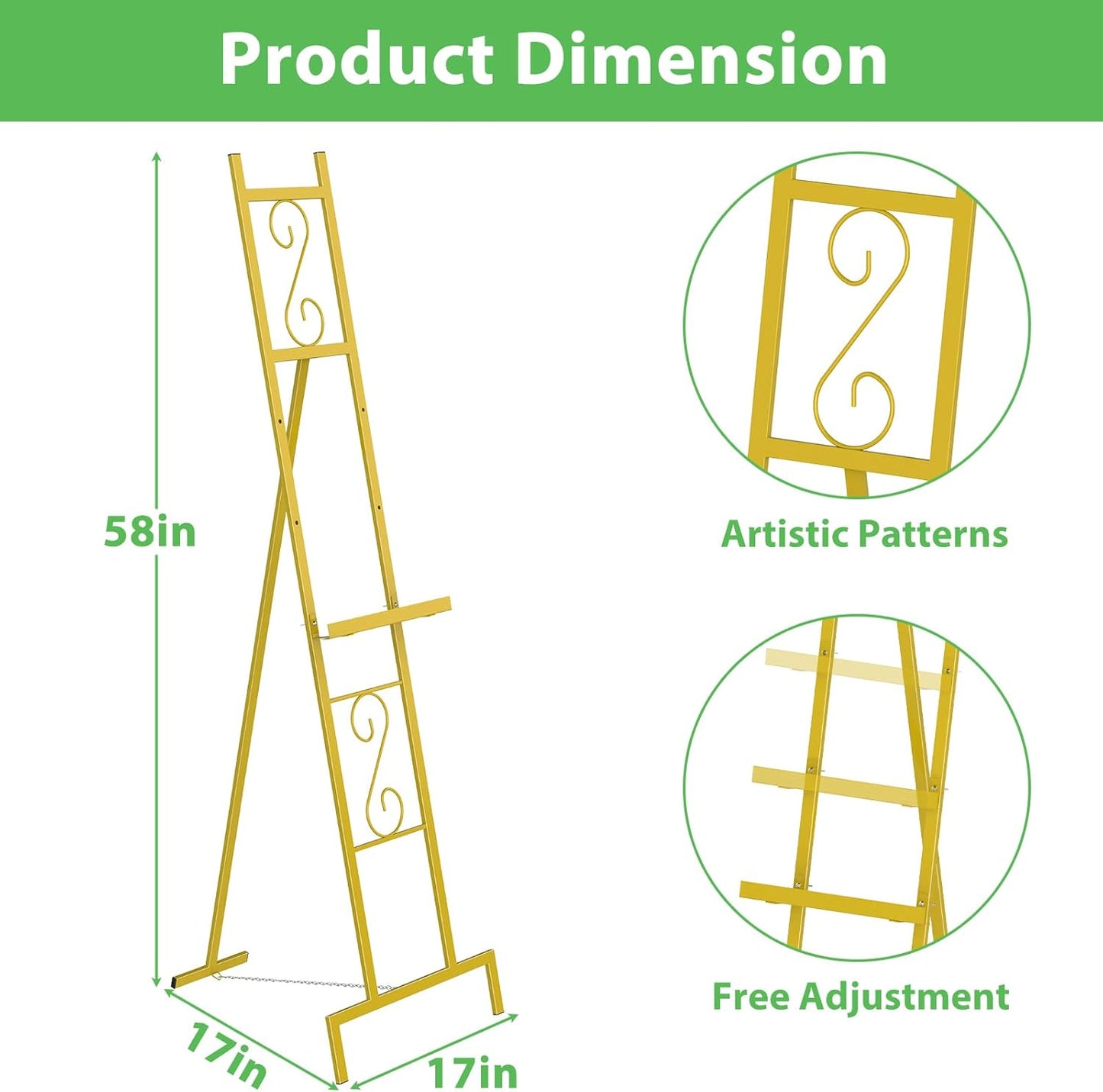 Skcoipsra 58IN Gold Easel Stand for Sign, 3 Tier Adjustable Larger Wedding Welcome Sign Holder, Art Poster Display Stand Free Standing with Chain, 17x17x58 Inch