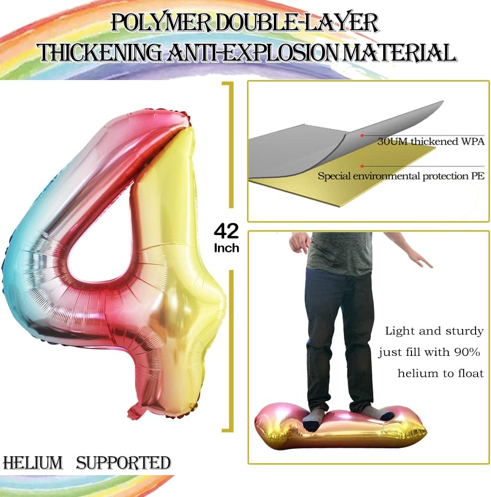 GOER Rainbow Foil Balloons Number 4,Huge Number Balloons for 4th Birthday Party Supplies Anniversary Decorations (3 pcs,42 inch,32 inch,16inch)