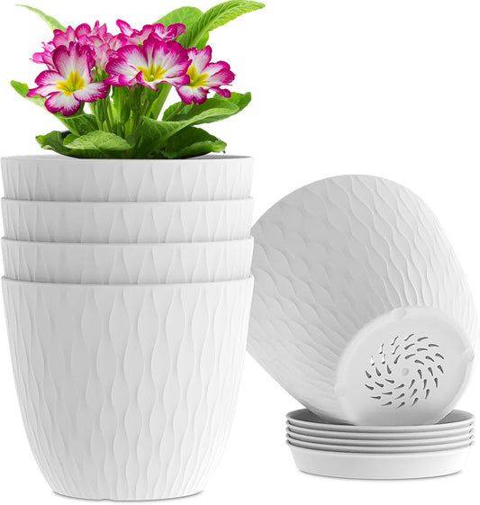 6 inch Flower Pots, 5 Pack Plant Pots with Drainage Holes and Saucers for Indoor Plants, Plastic Planters with Water Ripple for Small Garden House Plants, Nursery Pots for Succulent, White