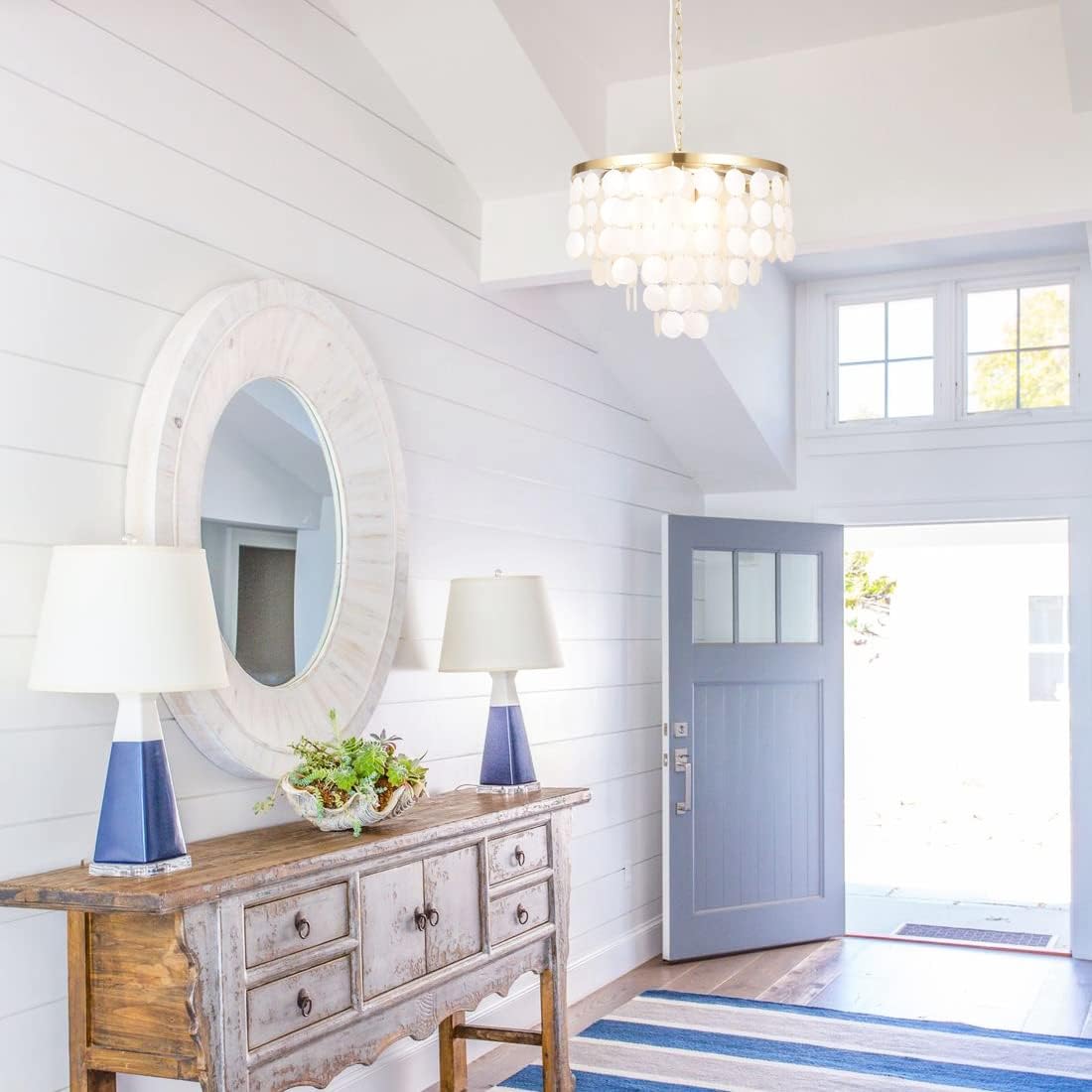 ALICE HOUSE 18.2" White Shell Chandeliers, Brushed Brass Finish, Coastal Kitchen Island Light Fixture, 4 Light Modern Pendant Light for Dining Room, Entryway and Bedroom, ETL Listed, AL2608-P4