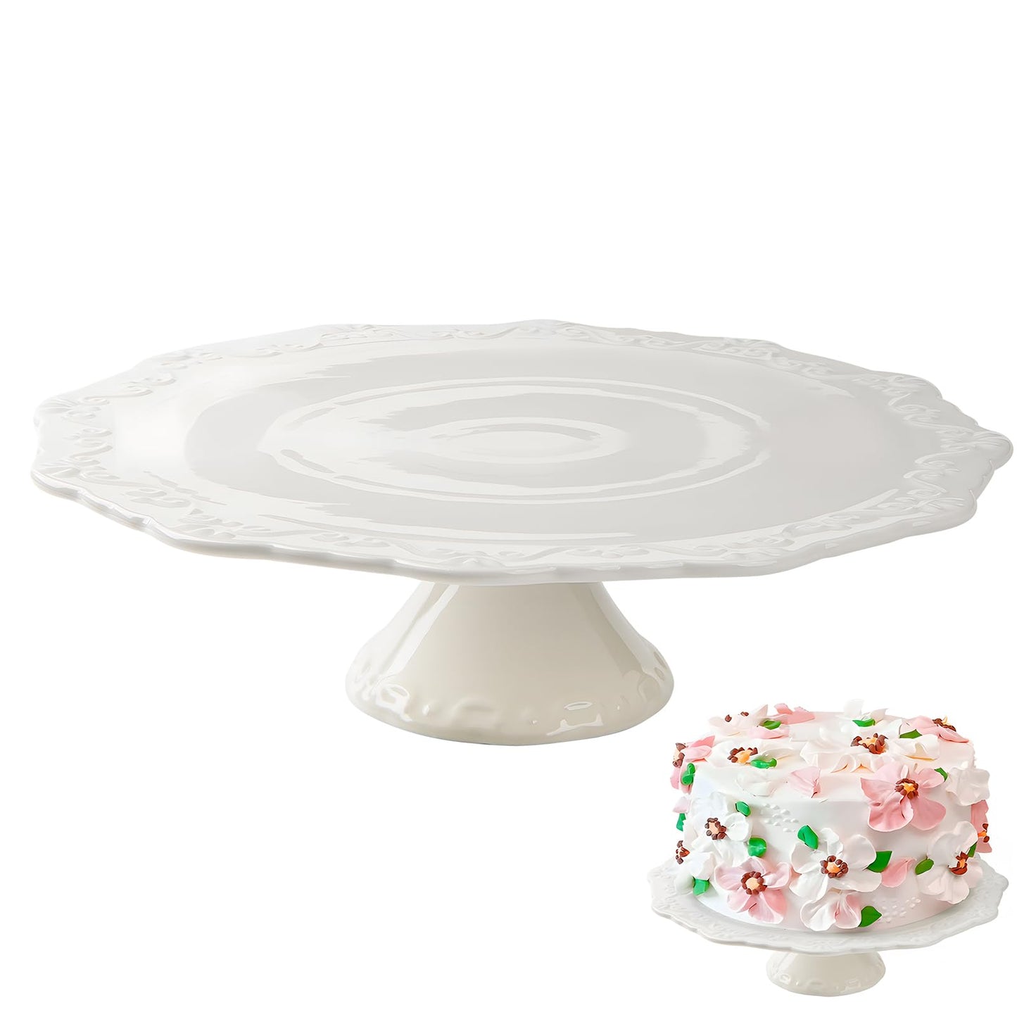 BPFY 10 Inch White Ceramic Cake Stand (Holds 10 Inch Cake), Decorative Cupcake Stand, Dessert