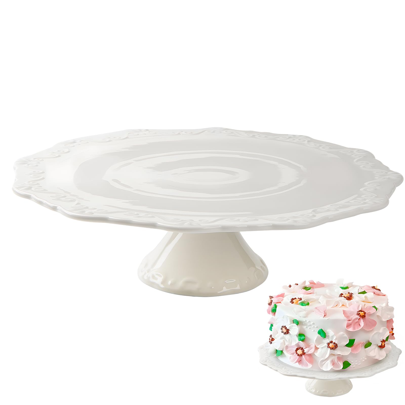 BPFY 10 Inch White Ceramic Cake Stand (Holds 10 Inch Cake), Decorative Cupcake Stand, Dessert