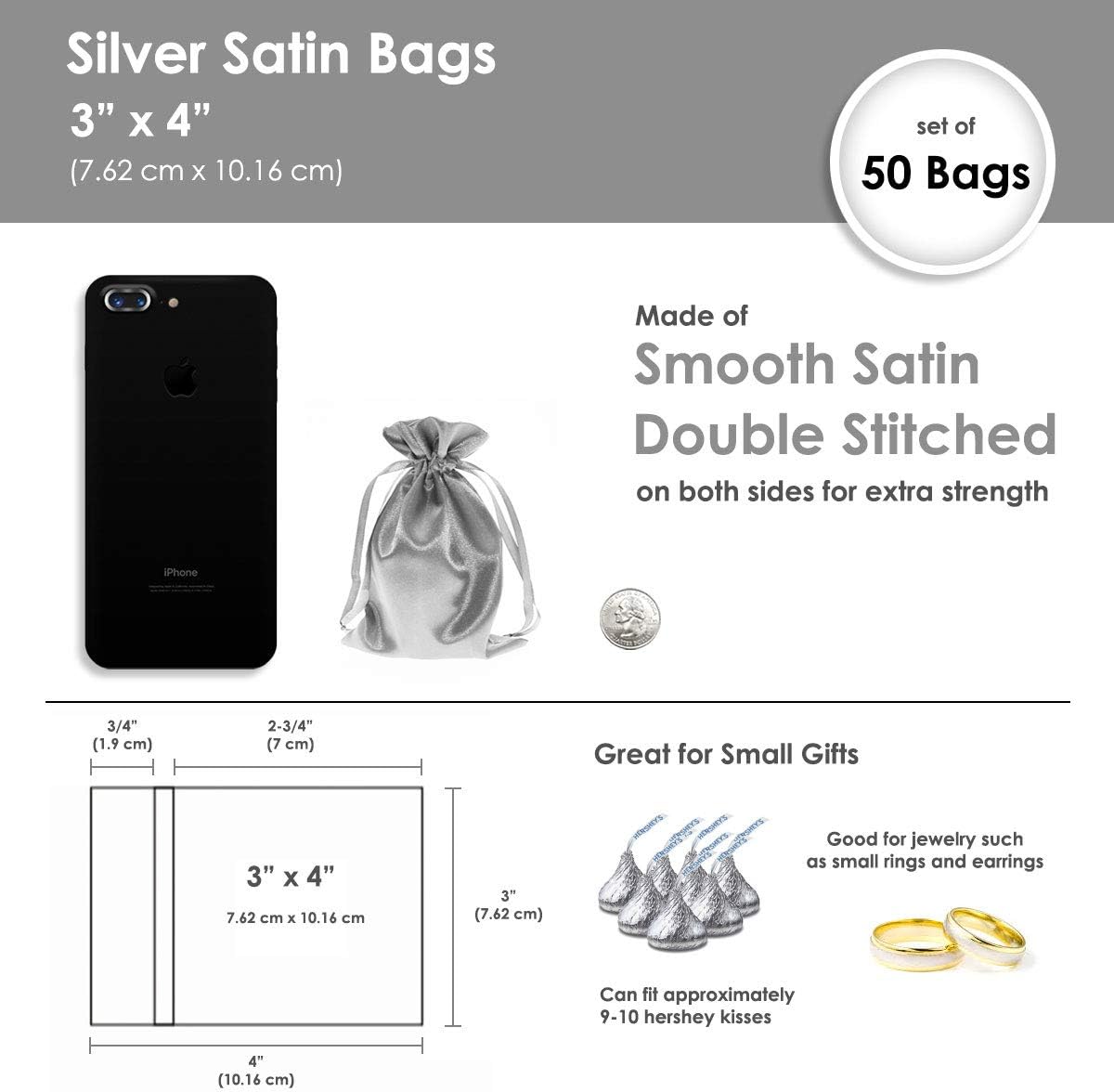 3" x 4" Silver Satin Gift Bags, Jewelry Bags, Wedding Favor Silky Drawstring Baby Shower Christmas 50 per Pack