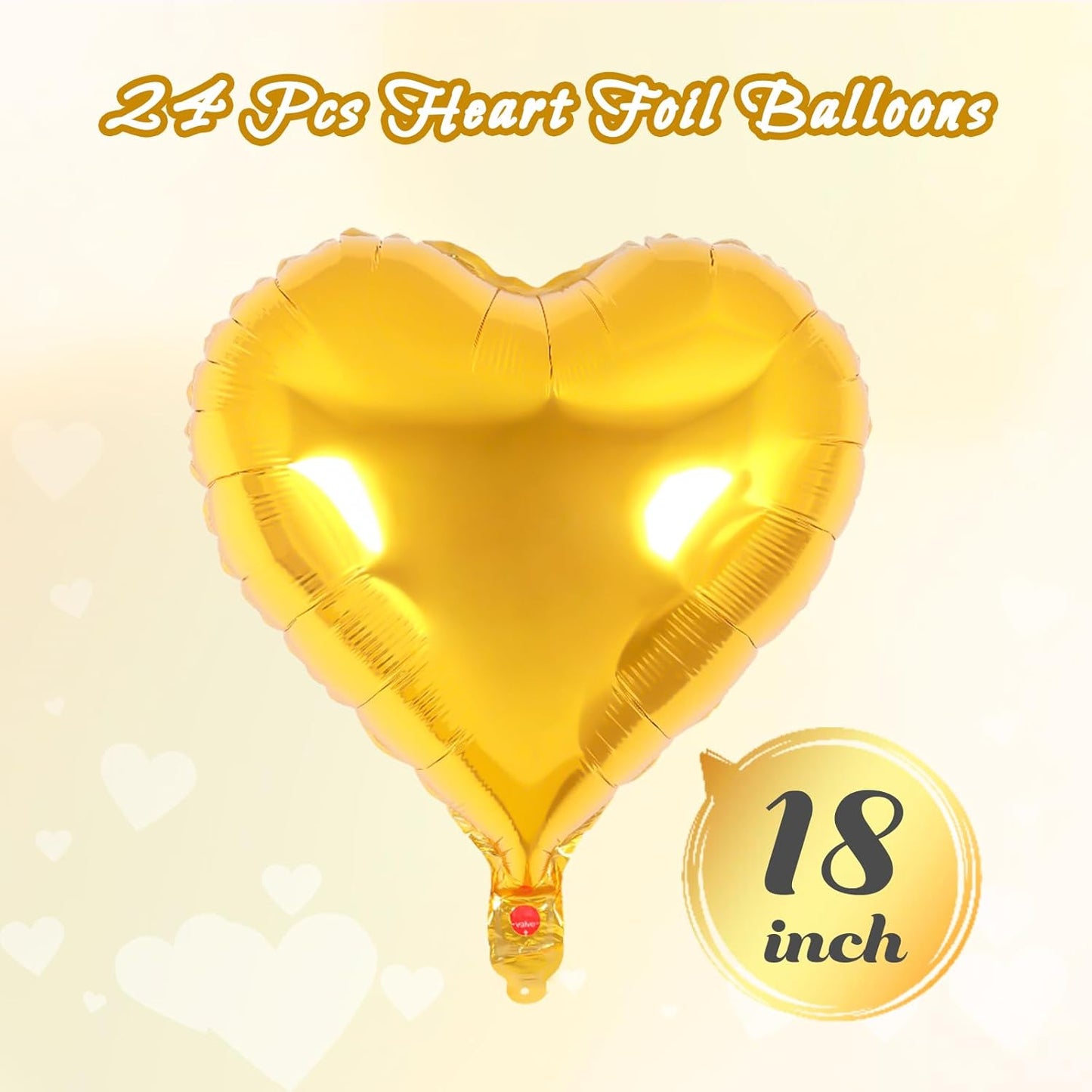 24 Pcs Gold Heart Foil Balloons, 18 Inch Love Hearts for Birthday, Wedding, Engagement, Baby Shower, Valentine's Day Decorations