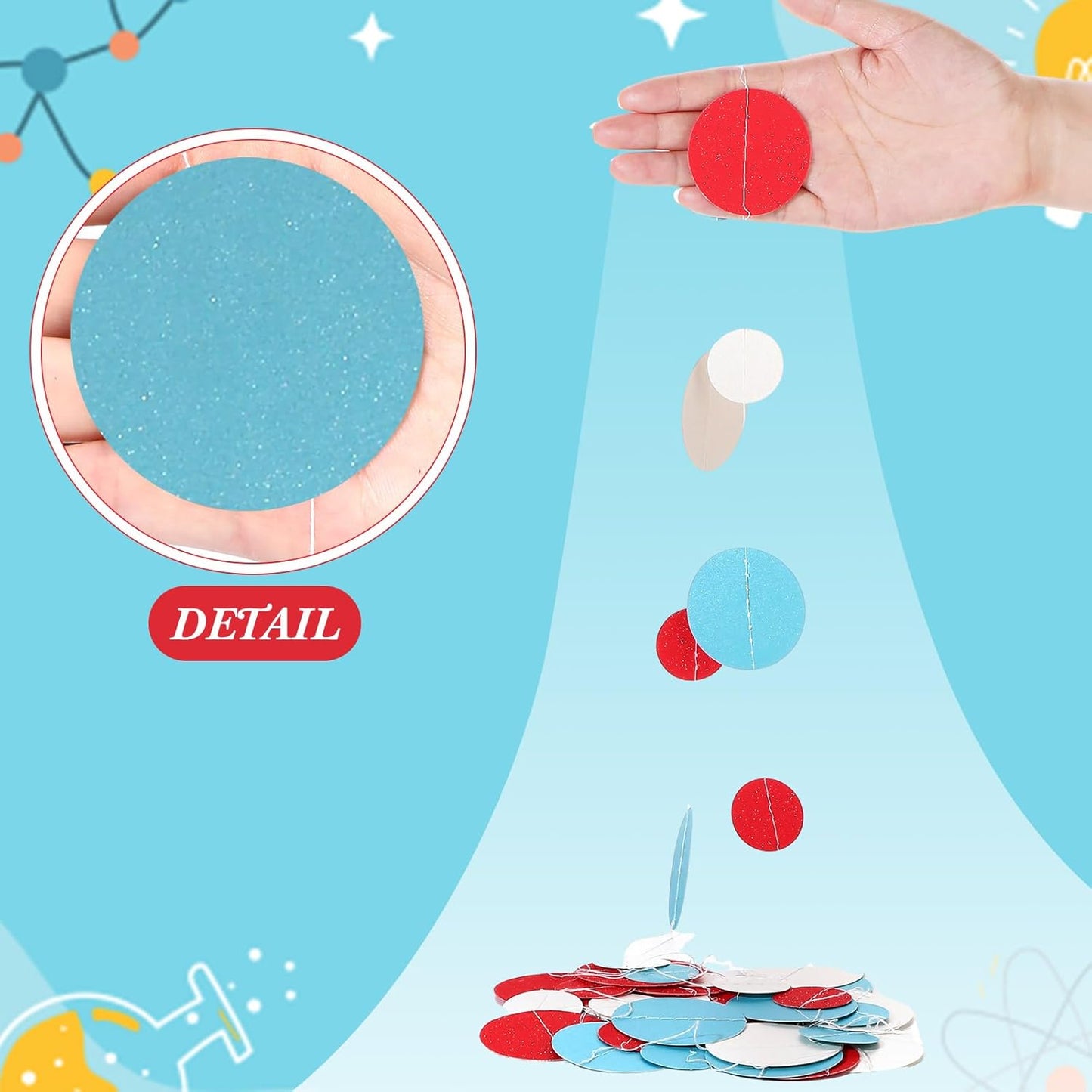 Outus 5 Pieces Colorful Dots Paper Garland Round Glitter Garland Hanging Confetti Streamers Backdrop for Candy Birthday Classroom Halloween Trunk or Treat Car Decoration (Light Blue,White,Red)