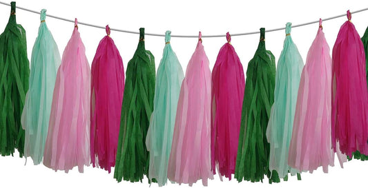 Green Pink Tassel Garland Tissue Paper Tassel Banner, Table Decor, Party Decorations for Hawaiian Neutral Birthday Wedding Bridal, DIY Kits, Pack of 15