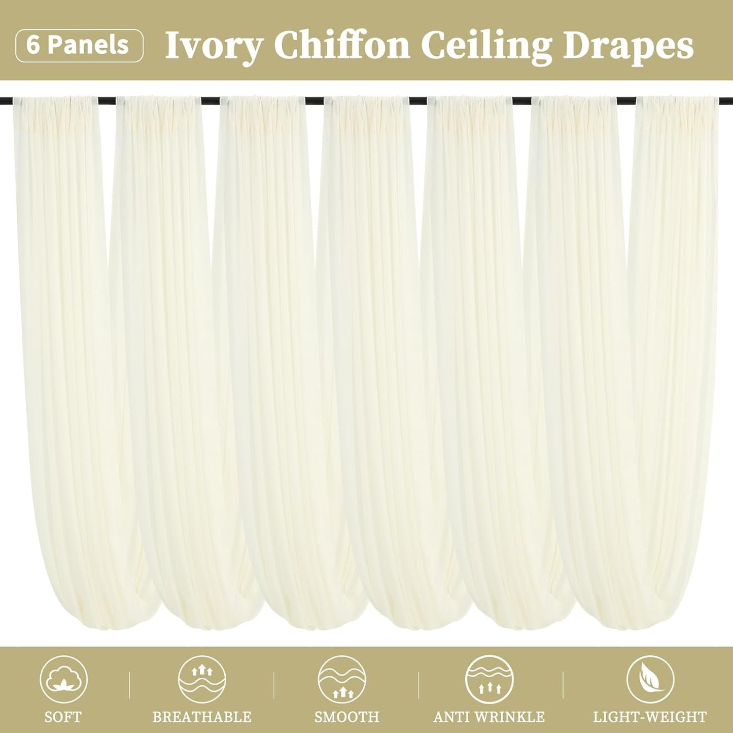 6 Panels Ivory Ceiling Drapes for Wedding 5ftx20ft Chiffon Fabric Arch Draping Curtains Sheer Drapery for Party Ceremony Birthday Baby Shower Reception Stage Swag Ceiling Decorations