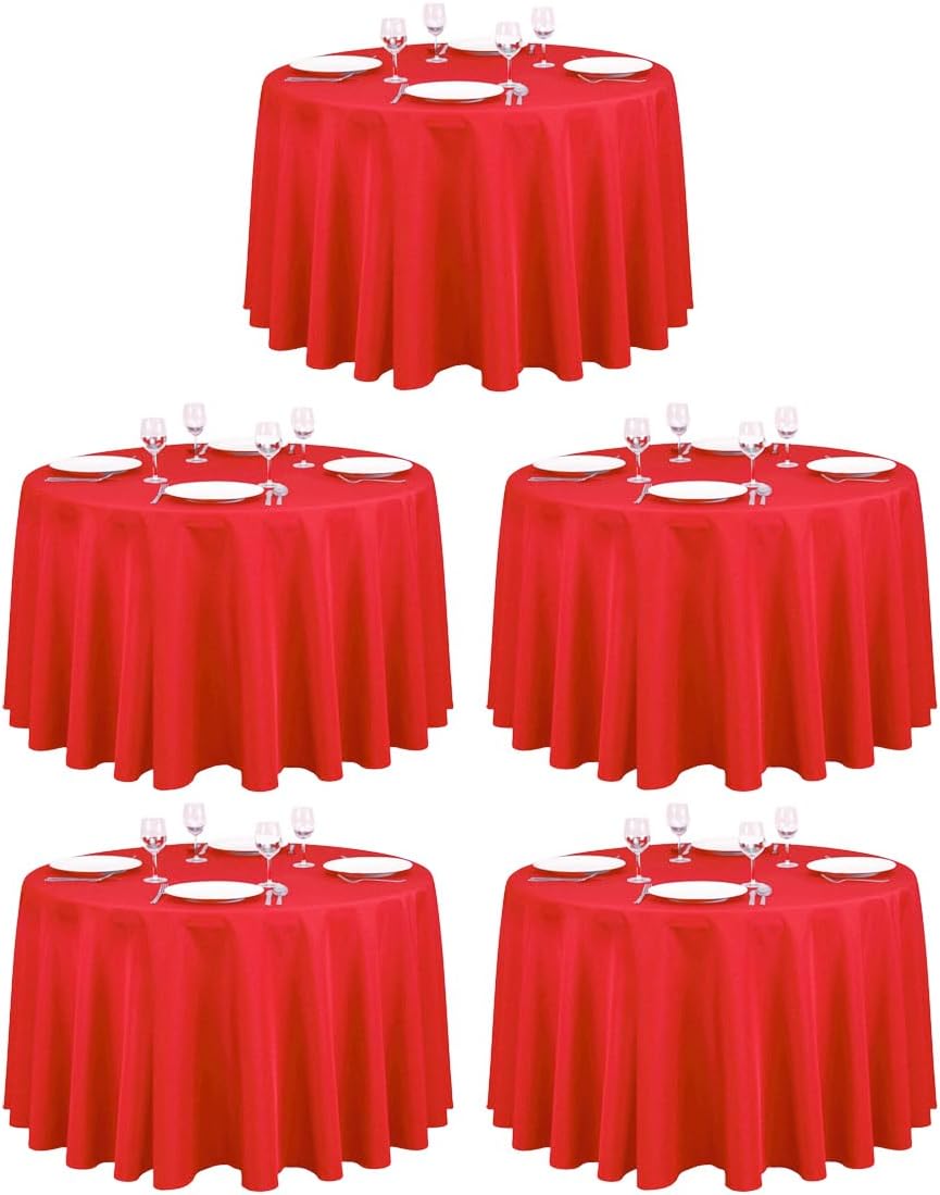 LTC LINENS 5 Pack 108 Inch Round Tablecloths Red - Bulk for 48 Inch Round Table Floor Length - Wrinkle Resistant Polyester Fabric Cloth for Wedding