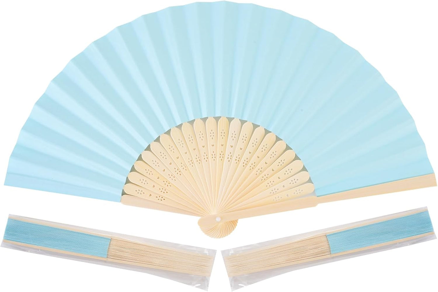 50pcs Blue Paper Hand Fan Bamboo Folding, Handheld Paper Folded for Wedding Party and Home Decoration