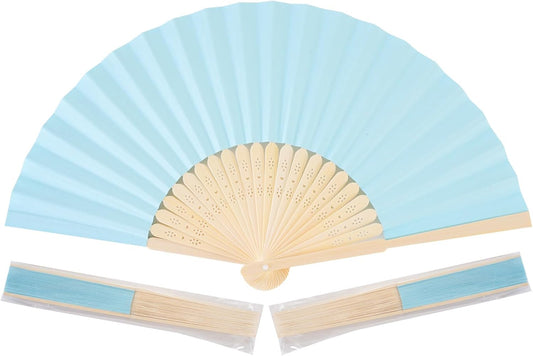 50pcs Blue Paper Hand Fan Bamboo Folding, Handheld Paper Folded for Wedding Party and Home Decoration