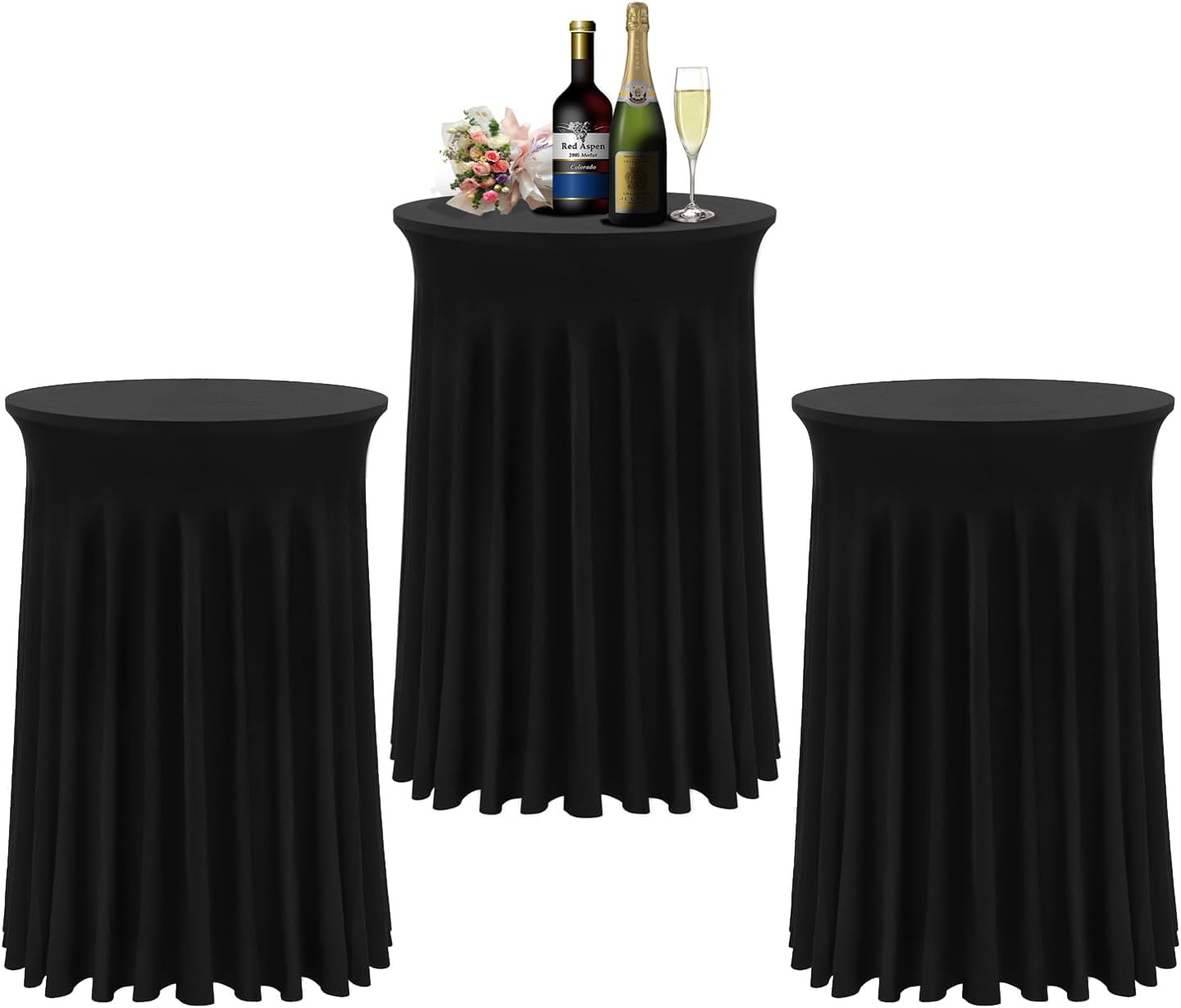 Cocktail Table Covers - 3 Pack 32"x 43" Black Cocktail Table Tablecloth with Natural Wavy Round Skirt for Bar Wedding Party Banquet