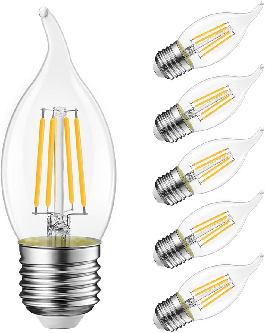 LVWIT Flame Tip LED Filament Bulb Candelabra E26 Base Dimmable 4.5W (60W Equivalent) B11 Chandelier Candle Light Bulb，2700K Warm White 6-Pack