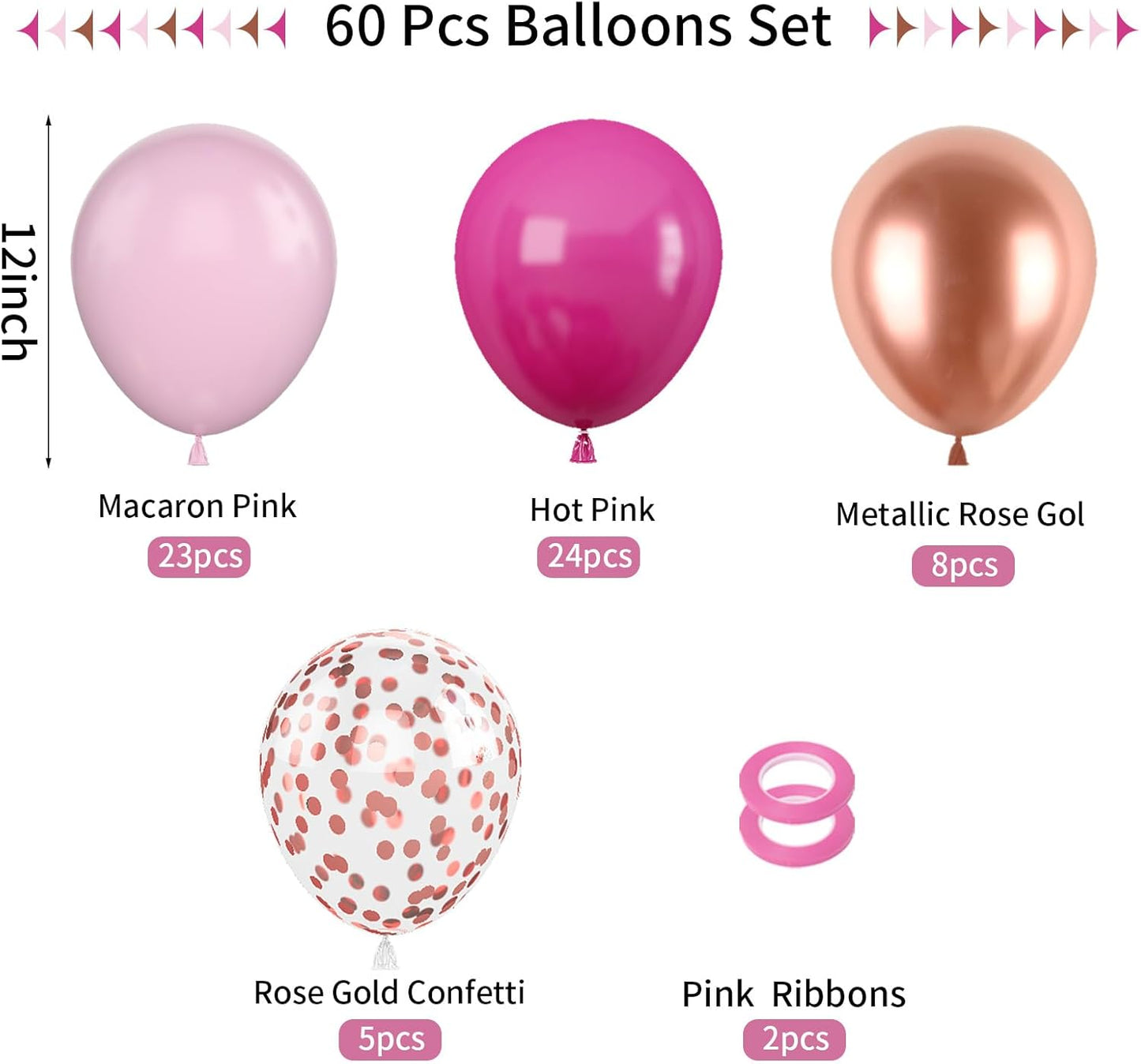 Hot Pink and Rose Gold Balloons, 60Pcs Pastel Pink Balloon, 12 Inch Metallic Rose Gold Confetti Balloons Helium Rose Red Latex Balloon for Girls Birthday Baby Shower Wedding Bridal Party Decorations