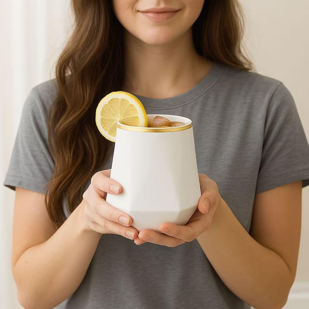 40 count Diamond Unbreakable Stemless Plastic Wine Champagne Whiskey Glasses Elegant Durable Disposable Indoor Outdoor Ideal for Home, Office, Bars, Wedding, 12 Ounce Cups (Diamond White Matte Gold)