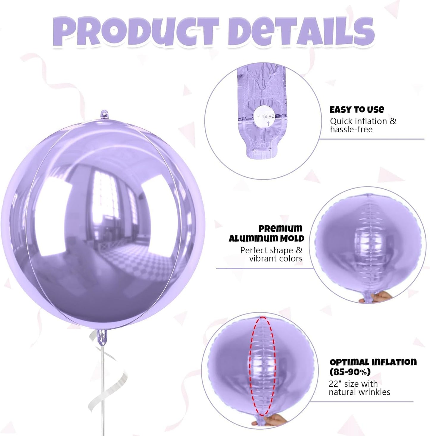 Pink Purple Giant 4D Foil Balloons, 6 Pcs Large Metallic Pink and Purple Round Balloons, 22 Inch Big Round Foil Balloon for Wedding Prom Birthday Party Baby Shower Decorations