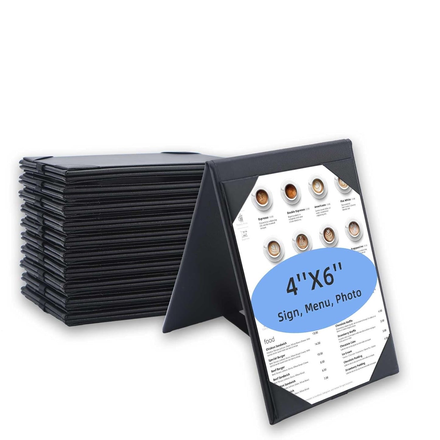 Menu Covers - Set of 10 Double-Sided Table Tent Cards for Restaurant, Dinner Party, and Bar Menus - Includes Bill Holder and Reserved Seating Signs - Easy to Clean and Foldable (10, 4"x6")