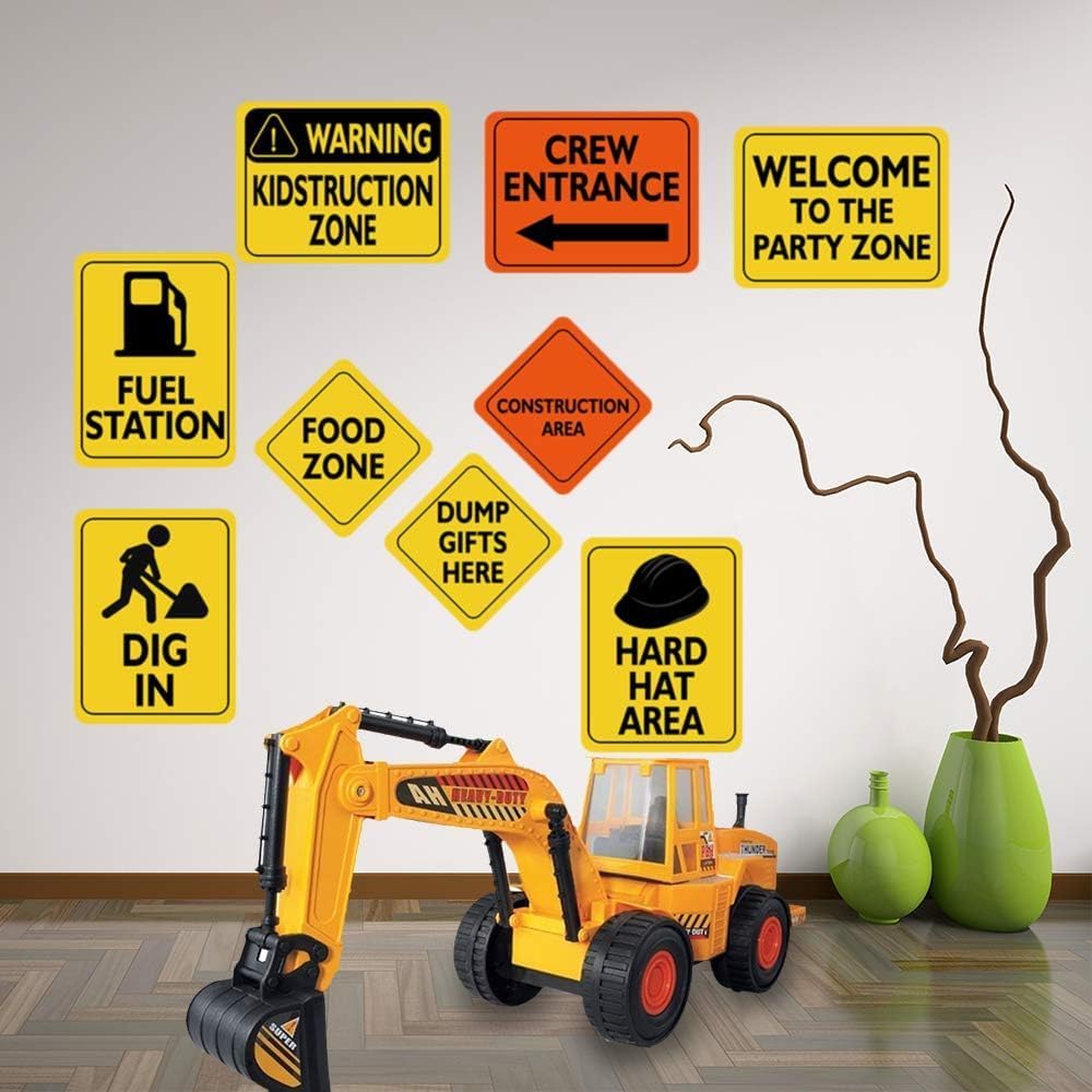 WERNNSAI 12PCS Construction Party Decorations Truck Wall Decor Road Signs