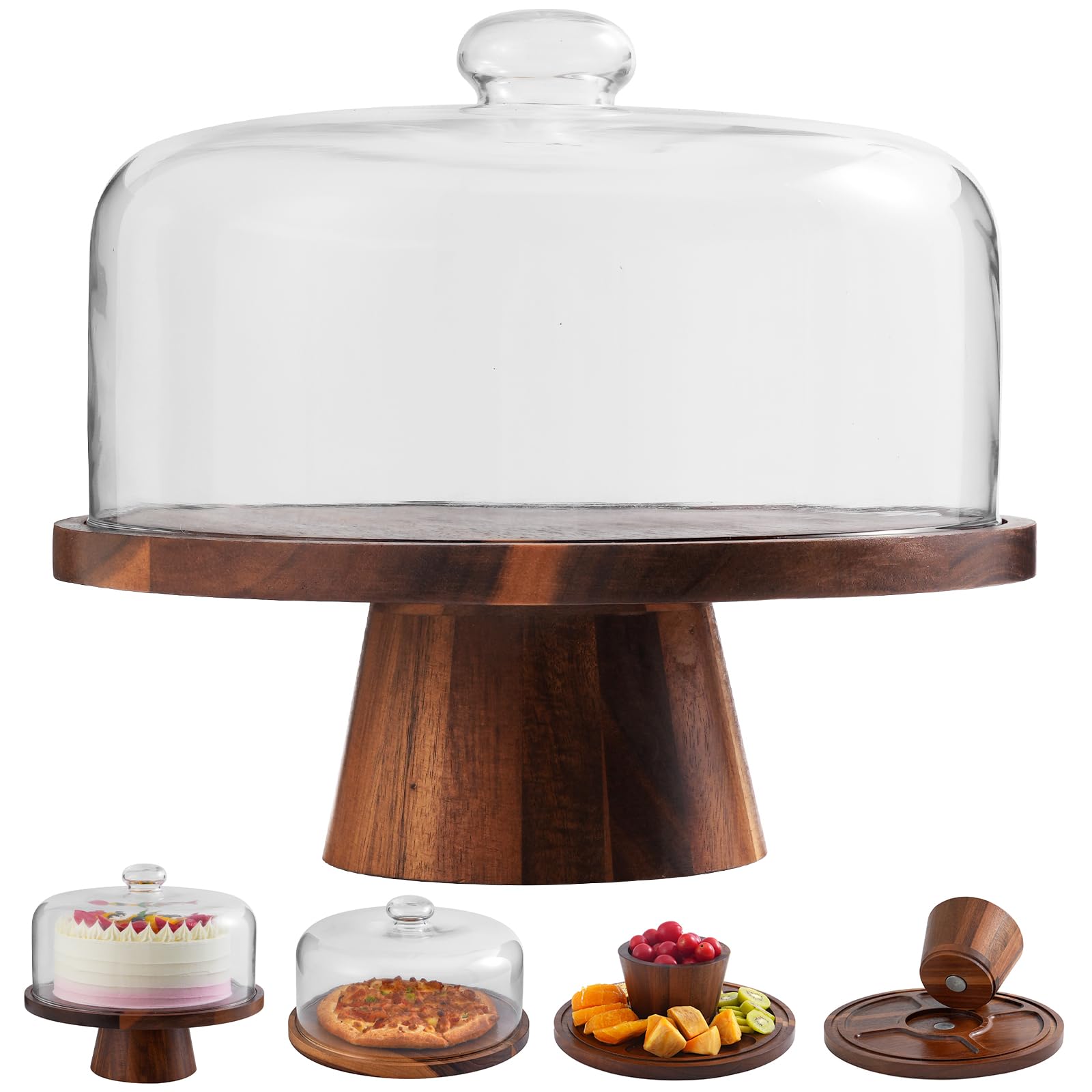 Acacia Wood Cake Stand with Glass Lid–12" Magnetic Base for Parties&Kitchen
