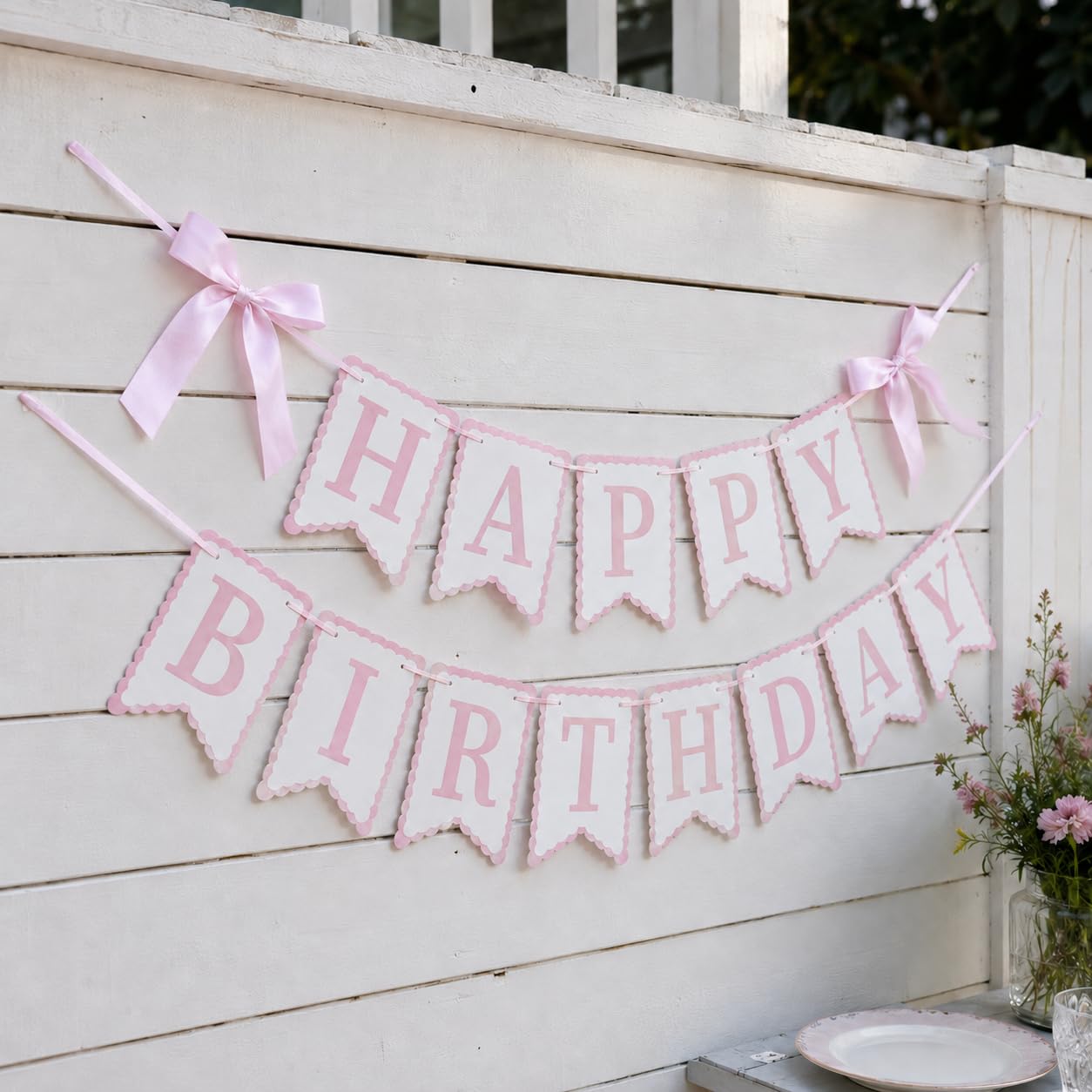 Pink Happy Birthday Banner with Satin Bows, Coquette Bow Birthday Decor