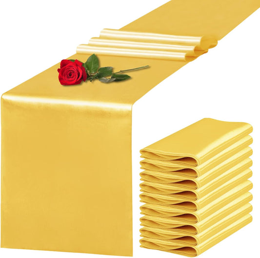 10 Pack Satin Table Runner 12 x 108 Inch Long Gold Silk Table Runner for Wedding Party Banquet Birthday Decoration