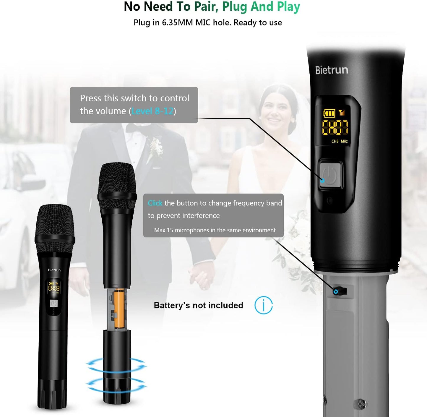 Bietrun Wireless Microphone Dynamic Mic System with Rechargeable Receiver, 1/4" Output, for Karaoke, Church, Speech, Wedding, Party Singing(160 ft Range)-Auto Connect