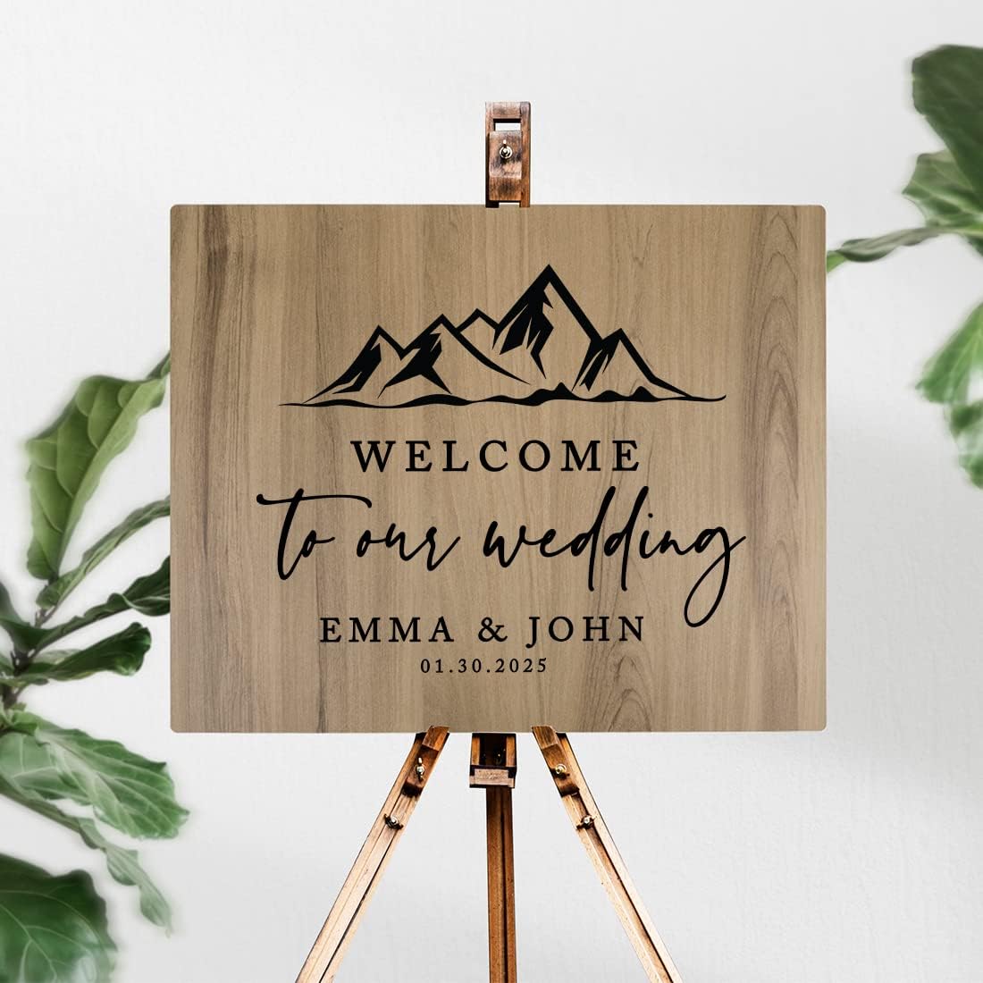 Andaz Press Large Wooden Welcome Sign for Wedding, Rustic Welcome Sign 16" x 20" Custom Names Mountain Woodland Wedding Signage English Oak MDF Wood Finish Wedding Reception Indoor Outdoor Signs
