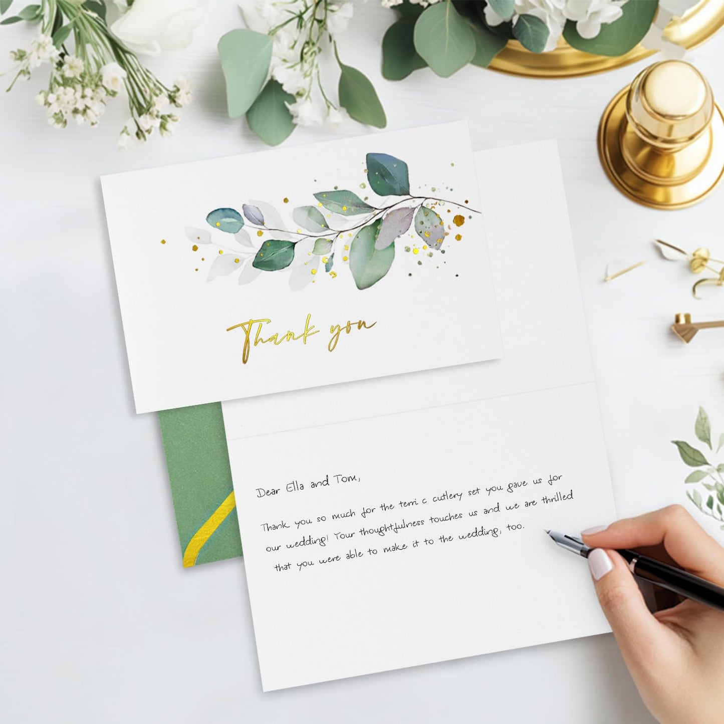 BGTCARDS Greenery Thank You Cards with Envelopes, Gold Foil, 32 Pack, 4×6”