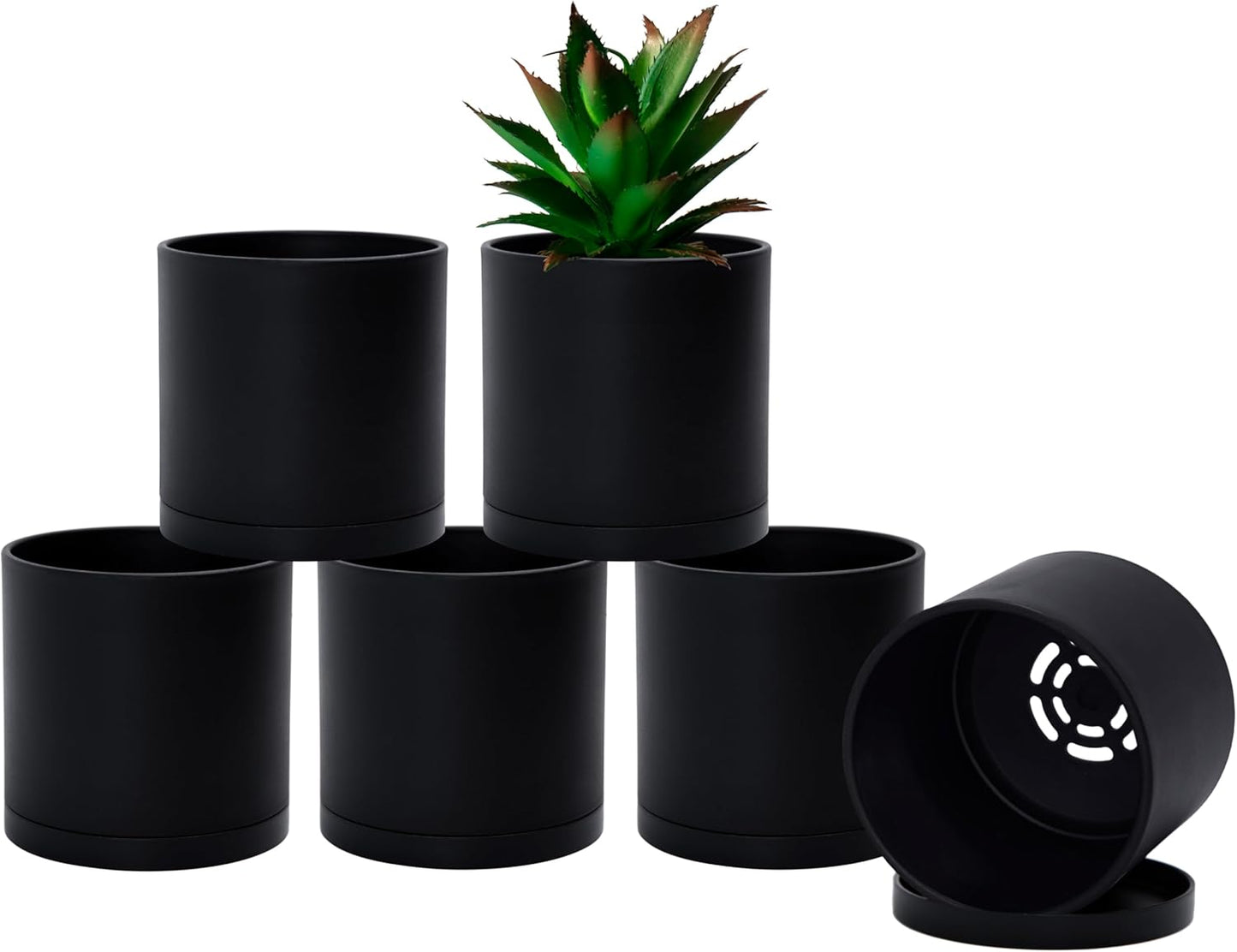 D'vine Dev 6 Pack 4 Inch Modern Plastic Plant Pots, Small Garden Planters for Plant with Drainage Holes and Saucers, Black Color, 74-Y-E-3