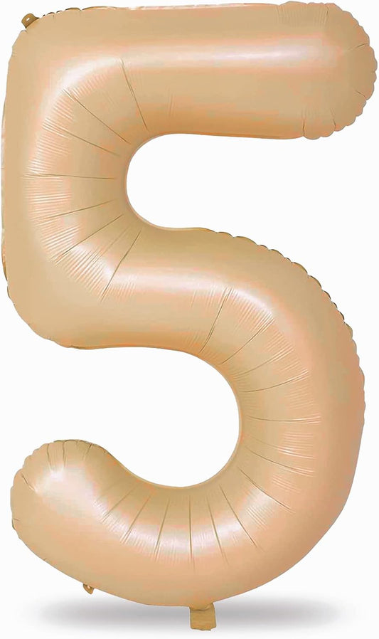 40'' Tan Number 5 Balloons, Giant Self Inflating Nude Foil Number Balloons Set 0-9, Large Brown Digital 5 Helium Balloon for Girls Boys 5th Birthday Party Decorations Anniversary Photo Shoot Supplies