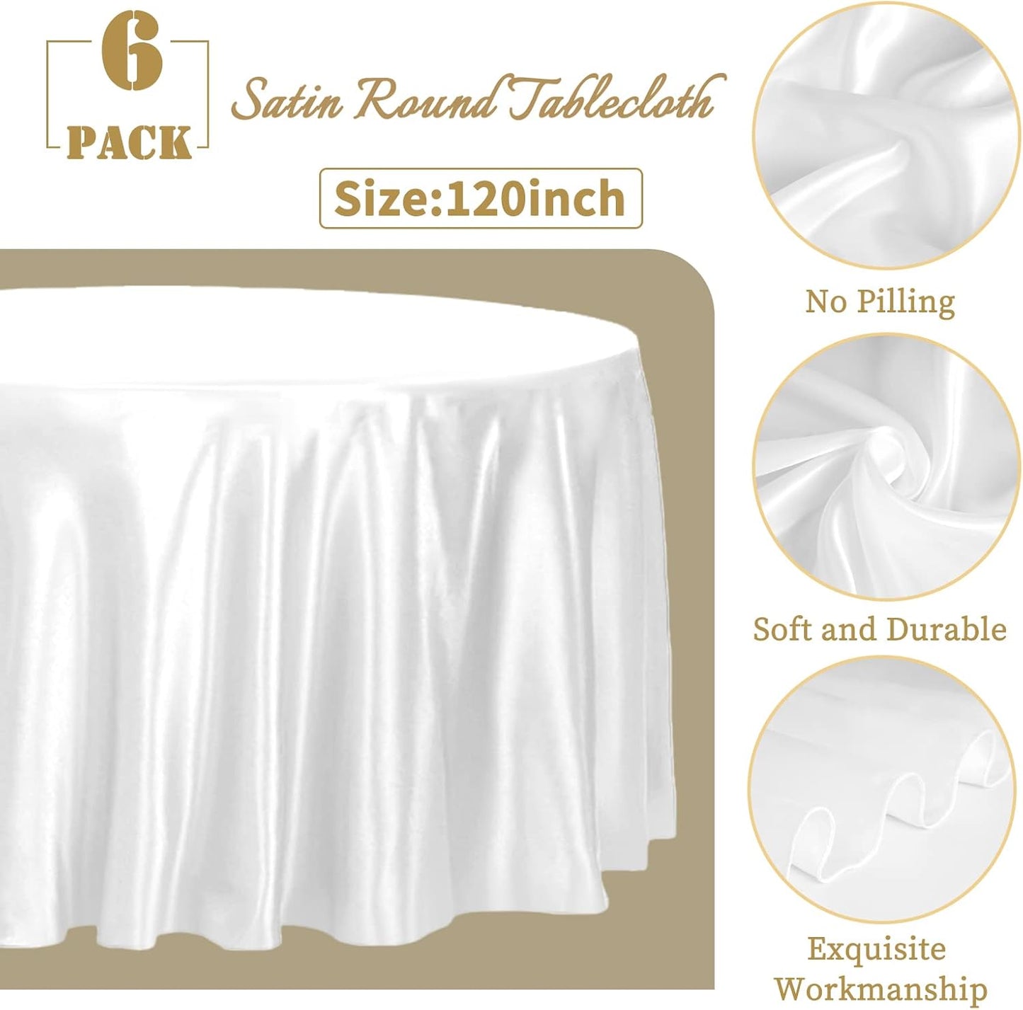 6 Pack 120 Inch White Round Tablecloth - Premium Silky Satin Tablecloth Overlay Smooth Fabric Table Cover Linens, Table Decoration for Wedding Party Banquet Events Restaurant Kitchen Dining