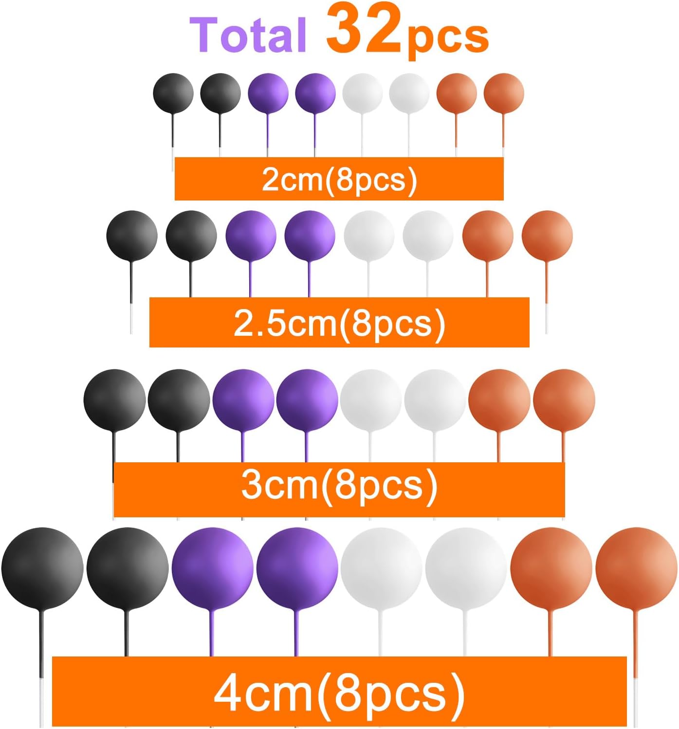 ASTARON 32 Pcs Ball Cake Topper Halloween Decorations Mini Balloons Sticks Foam Balls Birthday Cake Topper Picks Cake Decorations for Halloween Supplies (Orange，Black，Purple)