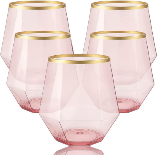 40 count Diamond Unbreakable Stemless Plastic Wine Champagne Whiskey Glasses Elegant Durable Disposable Indoor Outdoor Ideal for Home, Office, Bars, Wedding, 12 Ounce Cups (Diamond Pink Matte Gold)