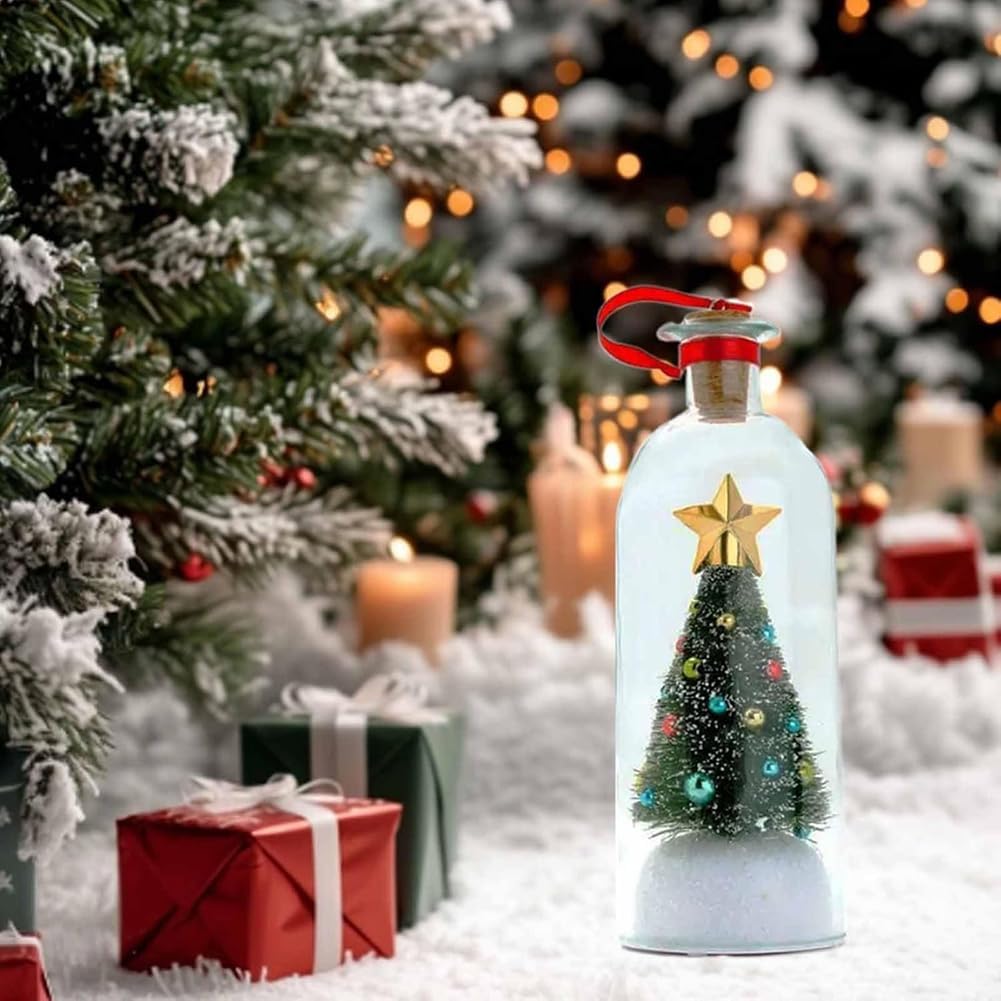 Christmas Tree Message in a Bottle, Recordable Christmas Tree Voice Message Bottle Ornament for Tabletop, Holiday Memories, Snowy Scene in Nostalgic Bottle, Christmas Trees Decoration Gift (1 pcs)