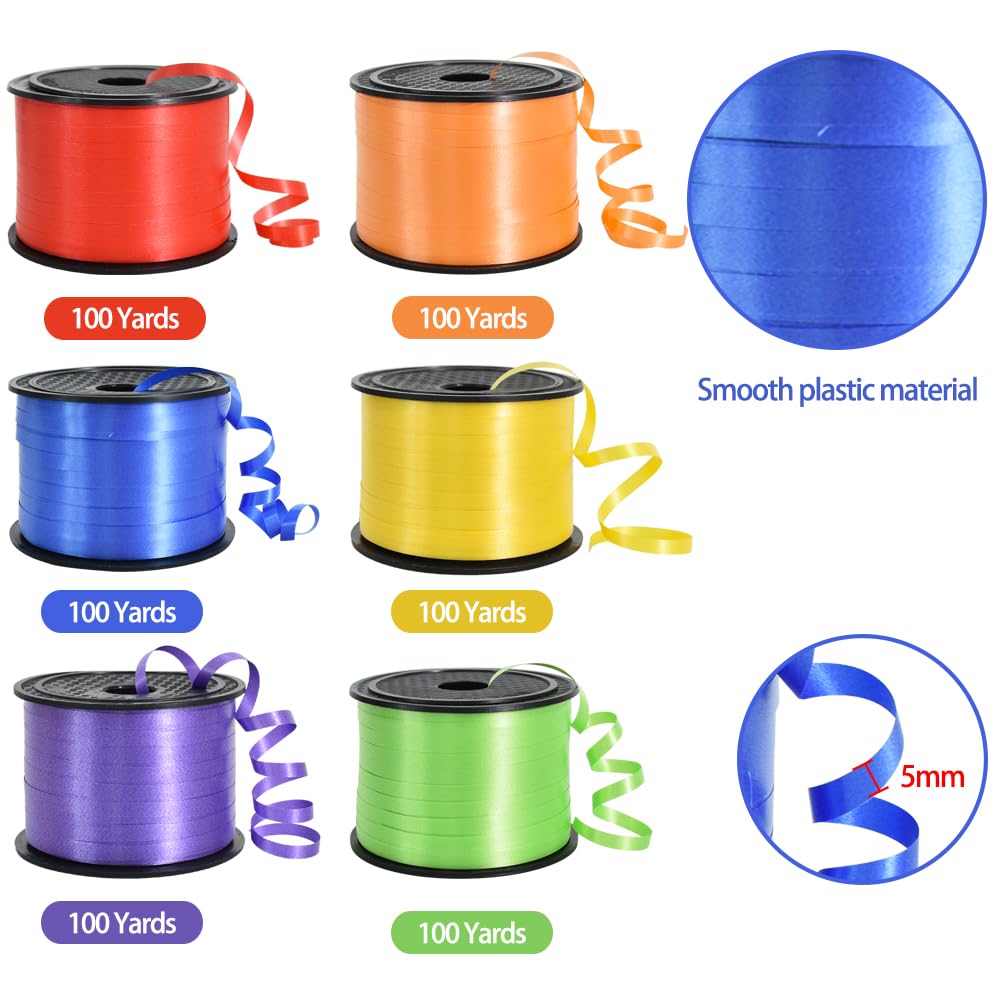 TONIFUL Rainbow Curling Ribbon-6 Assorted Colors Balloon Curling Ribbons Set-600 Yards Balloon