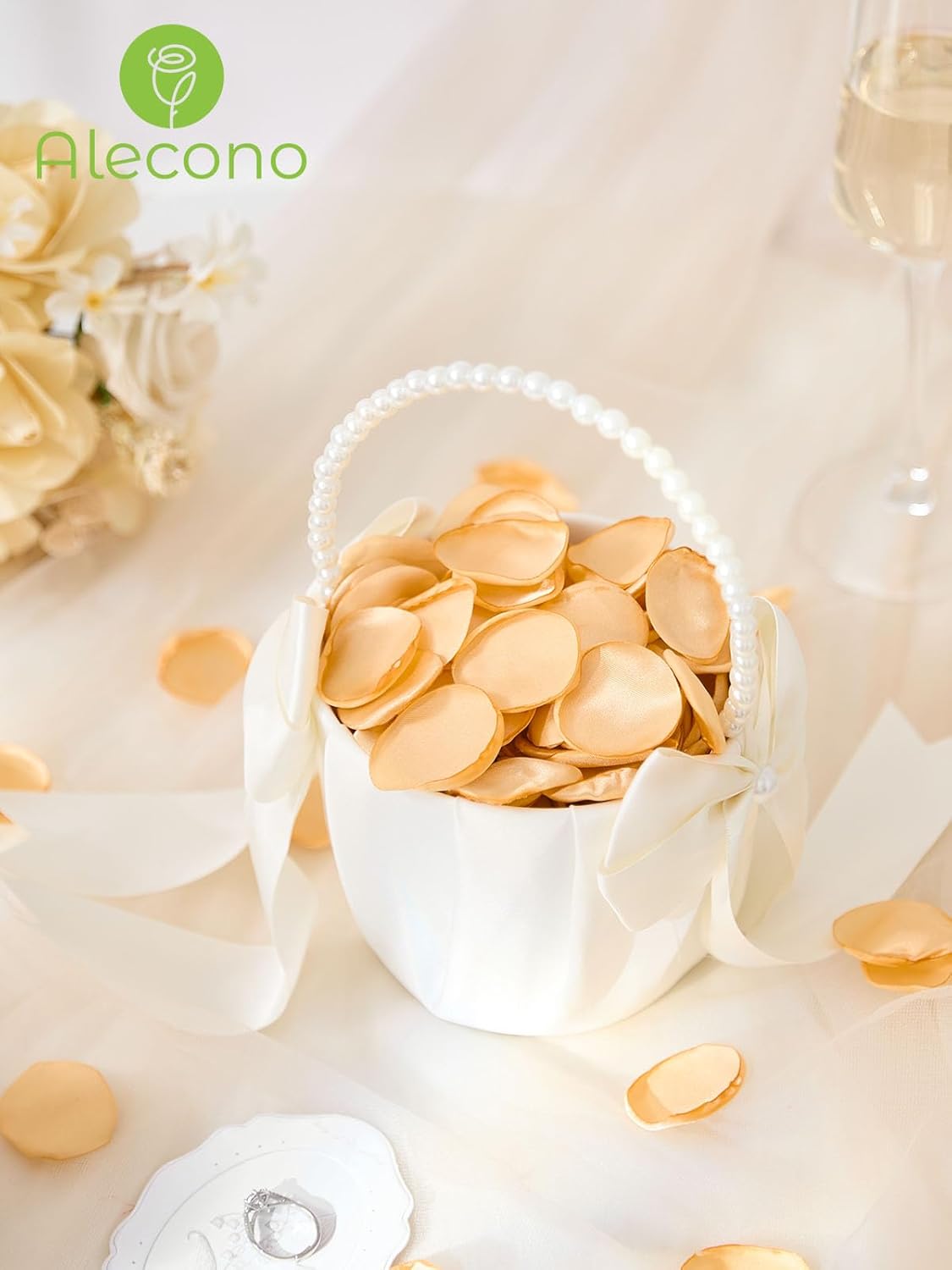 Alecono 𝟰𝟬𝟬𝙋𝙘𝙨 Silk Rose Petals, Fake Champagne Golden Petals for Wedding Proposal Flower Girl Basket, Flower Petals to Throw at Wedding Birthday Party Decoration