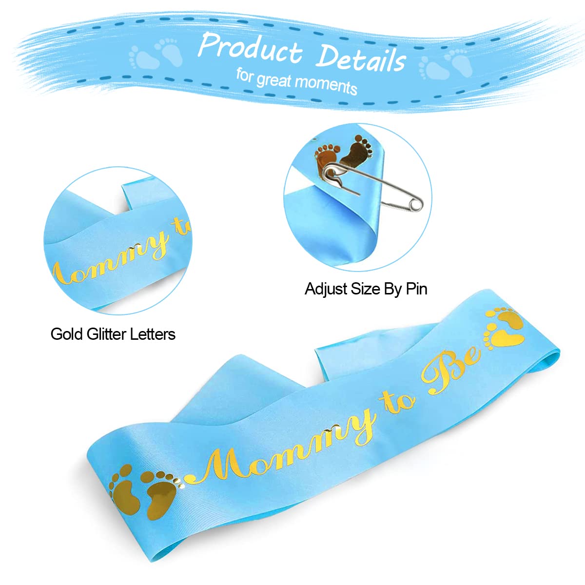 HUKONHEP 2 Packs Blue Baby Shower Sash, Mommy to Be Sash and Daddy to Be Badge, Baby Shower