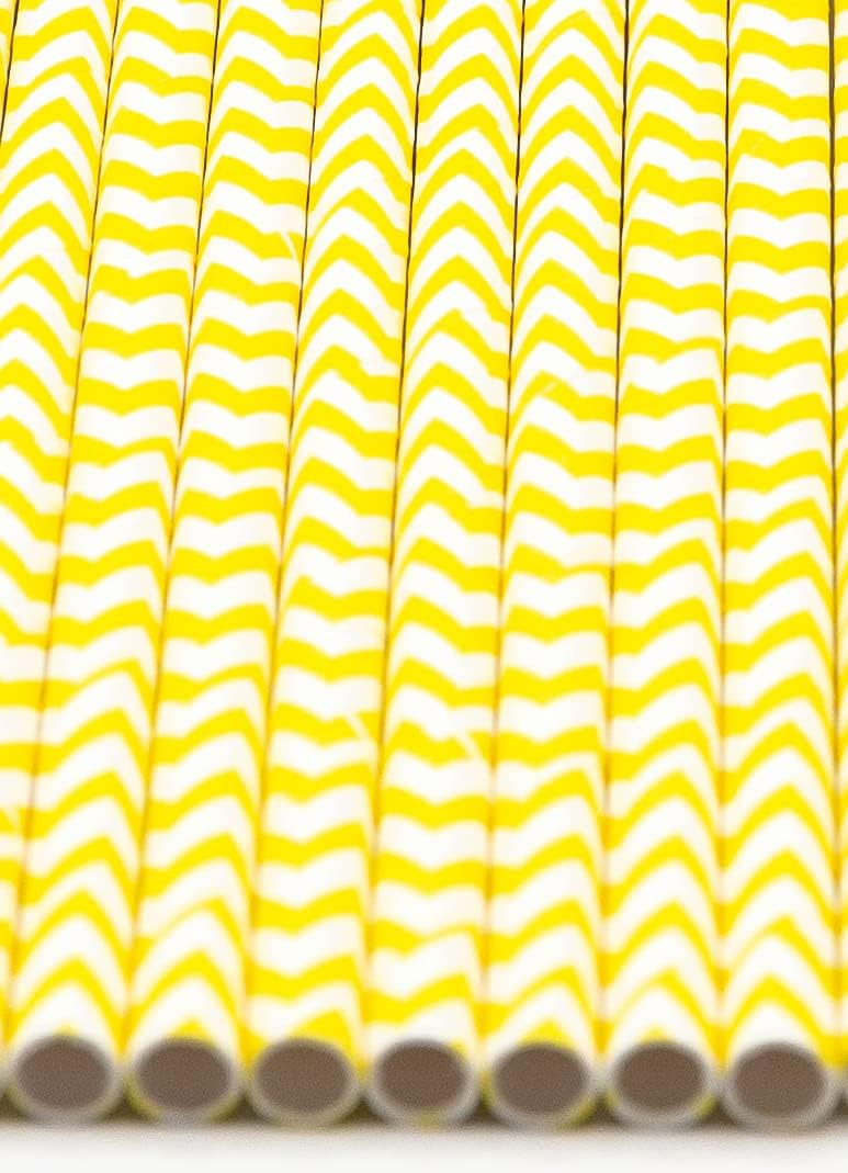 Pack of 900 Yellow Chevron Biodegradable 4-Ply Paper Drinking Straws (Compostable, Non-toxic, BPA-free)