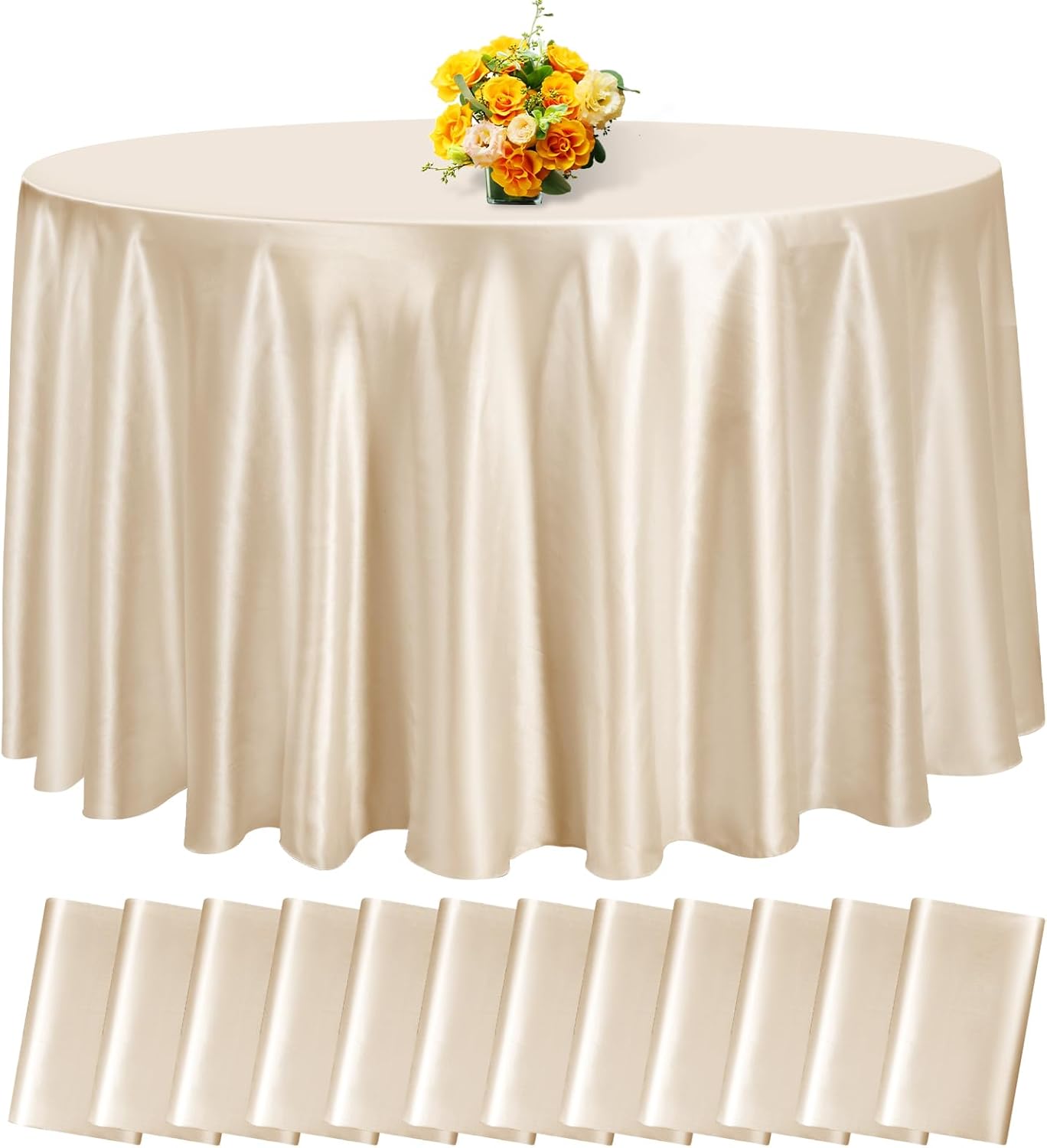 12 Pack 108 Inch Champagne Satin Tablecloth - Premium Bright Silky Round Tablecloth Overlay Smooth Fabric Table Cover, Table Decoration for Wedding Party Banquet Events Restaurant Kitchen Dining