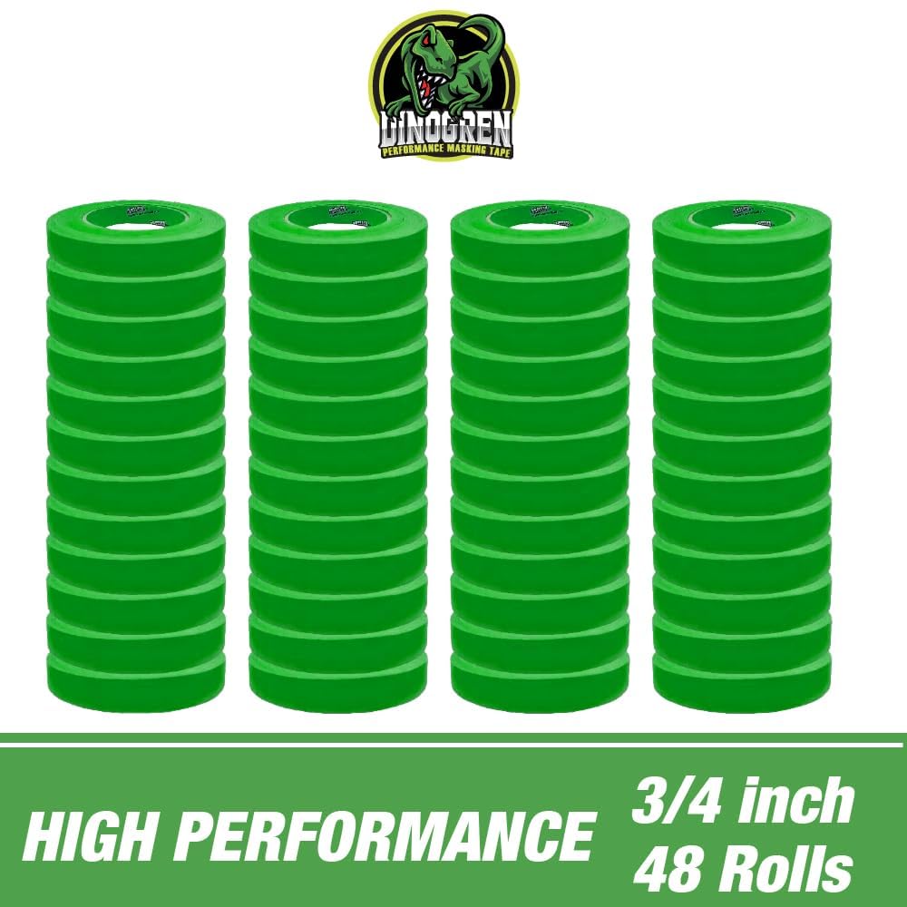 LAUCO DINOGREN High Performance Automotive Masking Tape – 0.75 Inch x 60 Yards (48 Rolls) – Green Tape for Car Paint, Body Shop Use, Heat & Water Resistant, Clean Removal, Multi-Surface Crepe Backed