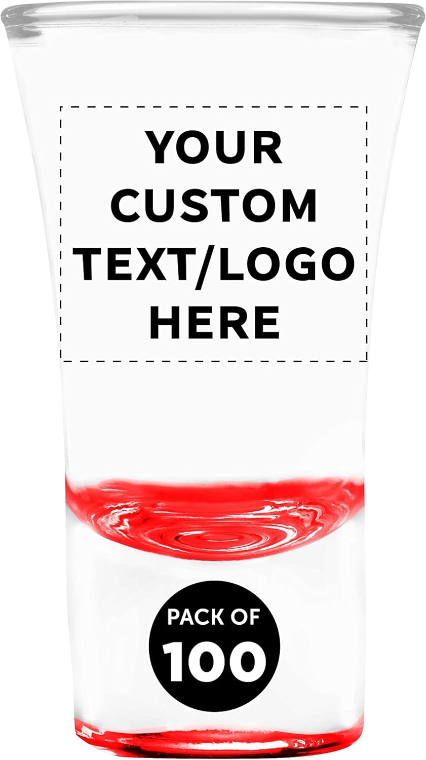 Custom 2 oz. Lord Shooter Etched Shot Glasses, 100 pack, Personalized Text, Logo, 21st Birthday Party, Lounge Glassware, Red