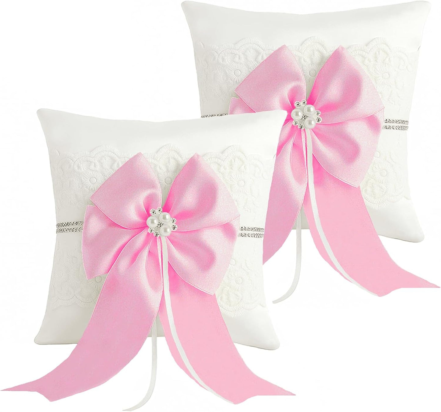Wedding Ring Bearer Pillow: 8.2 x 8.2 Inch Ivory Satin Lace Cushion with Pink Pearl Bow for Ceremony Vows - Secure Ring Holder for Flower Boy or Girl (Pink – 2 Pack)