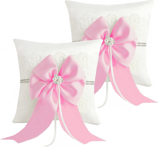 Wedding Ring Bearer Pillow: 8.2 x 8.2 Inch Ivory Satin Lace Cushion with Pink Pearl Bow for Ceremony Vows - Secure Ring Holder for Flower Boy or Girl (Pink – 2 Pack)