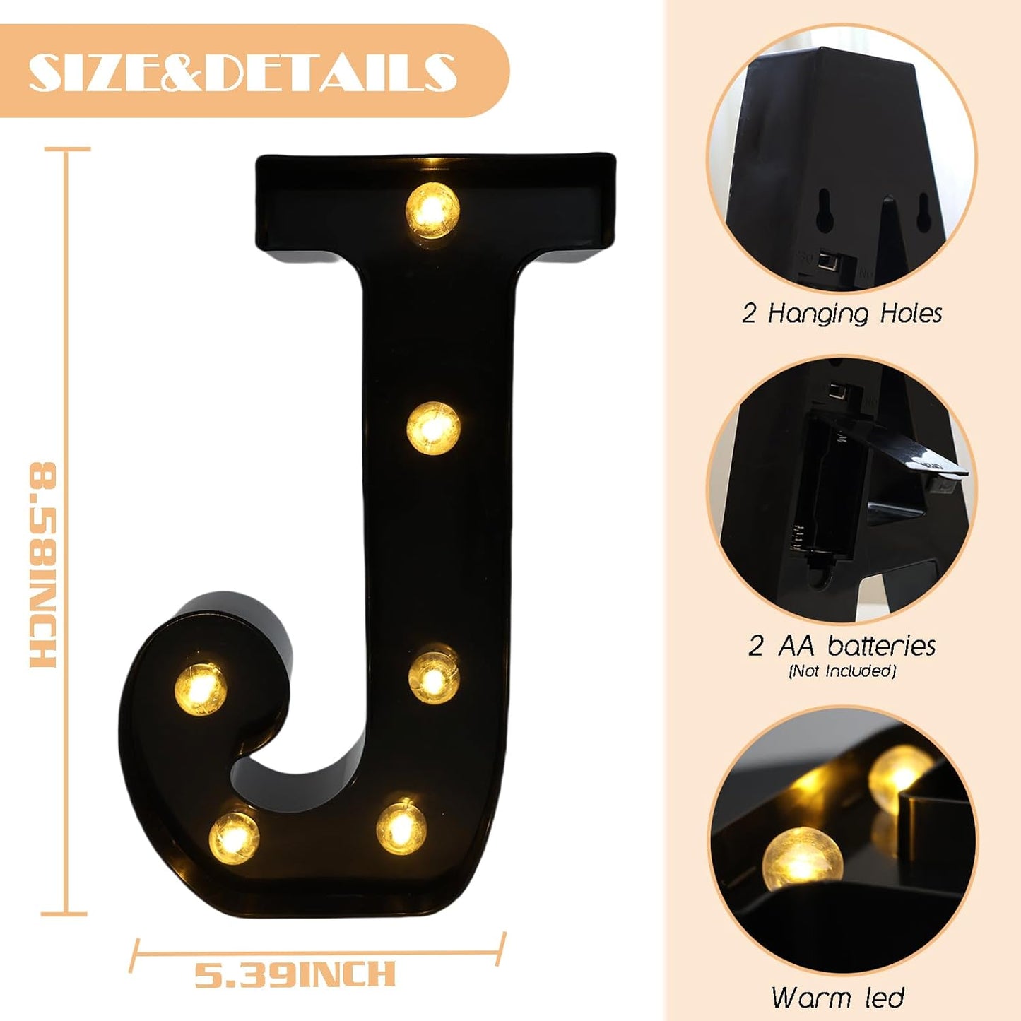 Led Marquee Letters, 8.58 Inch Black Light Up Letters, Small Led Letter Lights, Battery Powered Lighted Letterfor Table, Party, Birthday, Christmas Decor (Black, Letter J)