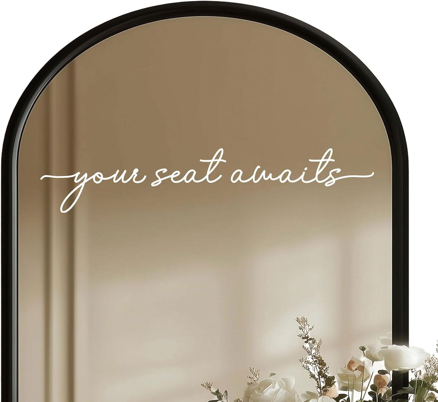 Your Seat Awaits Vinyl Decal, Wedding Seating Sticker, Mirror Decal for Seating, Please Find Your Seat Signs, Wedding Decor Sign (White, Width 17")